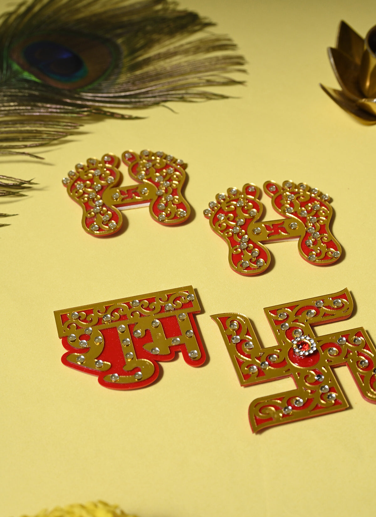 Madhoor Swastik Shubh Labh Set Lakshmi Feet Pagla Gold-Tone Red 3 Inches