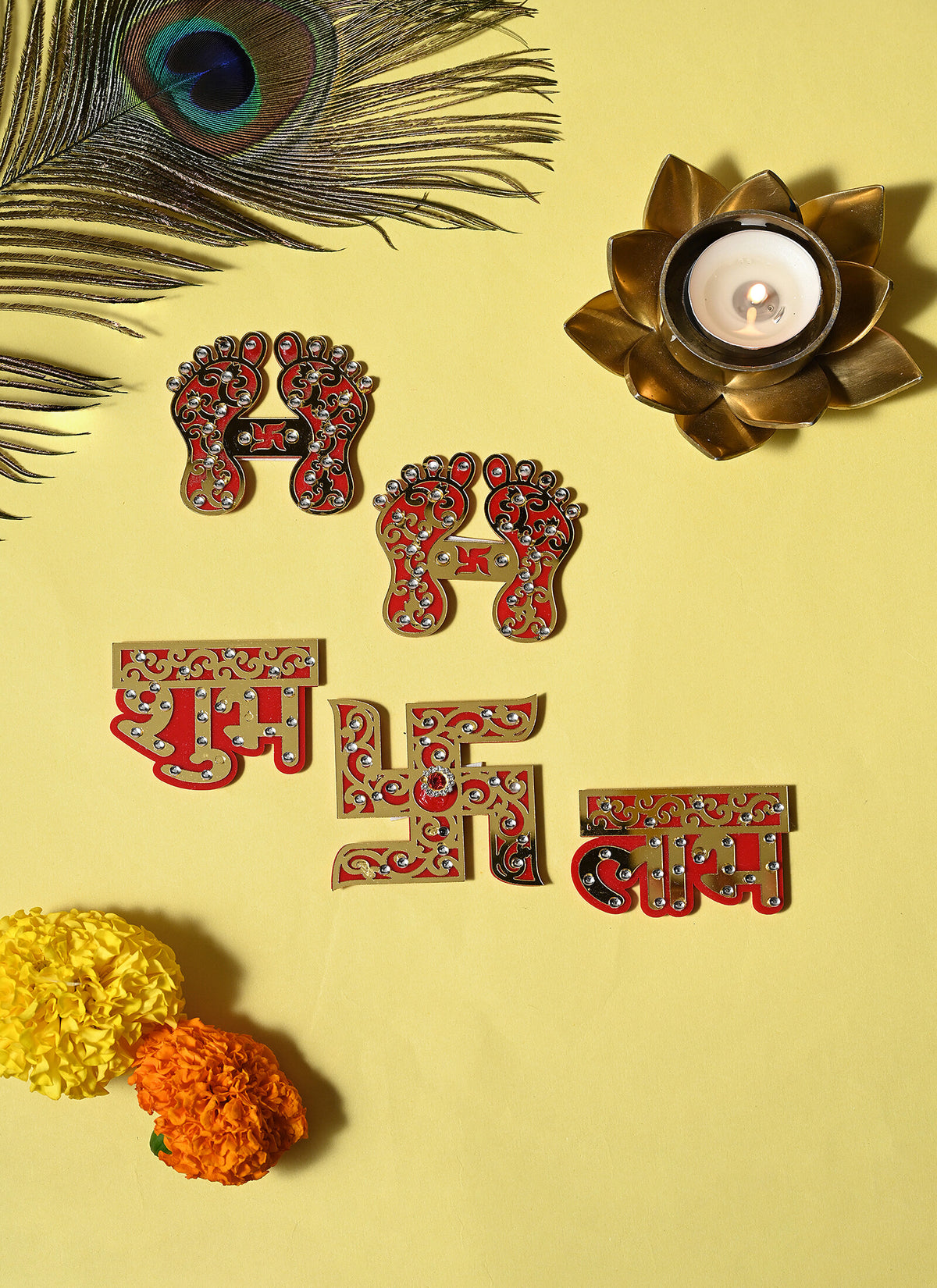 Madhoor Swastik Shubh Labh Set Lakshmi Feet Pagla Gold-Tone Red 3 Inches