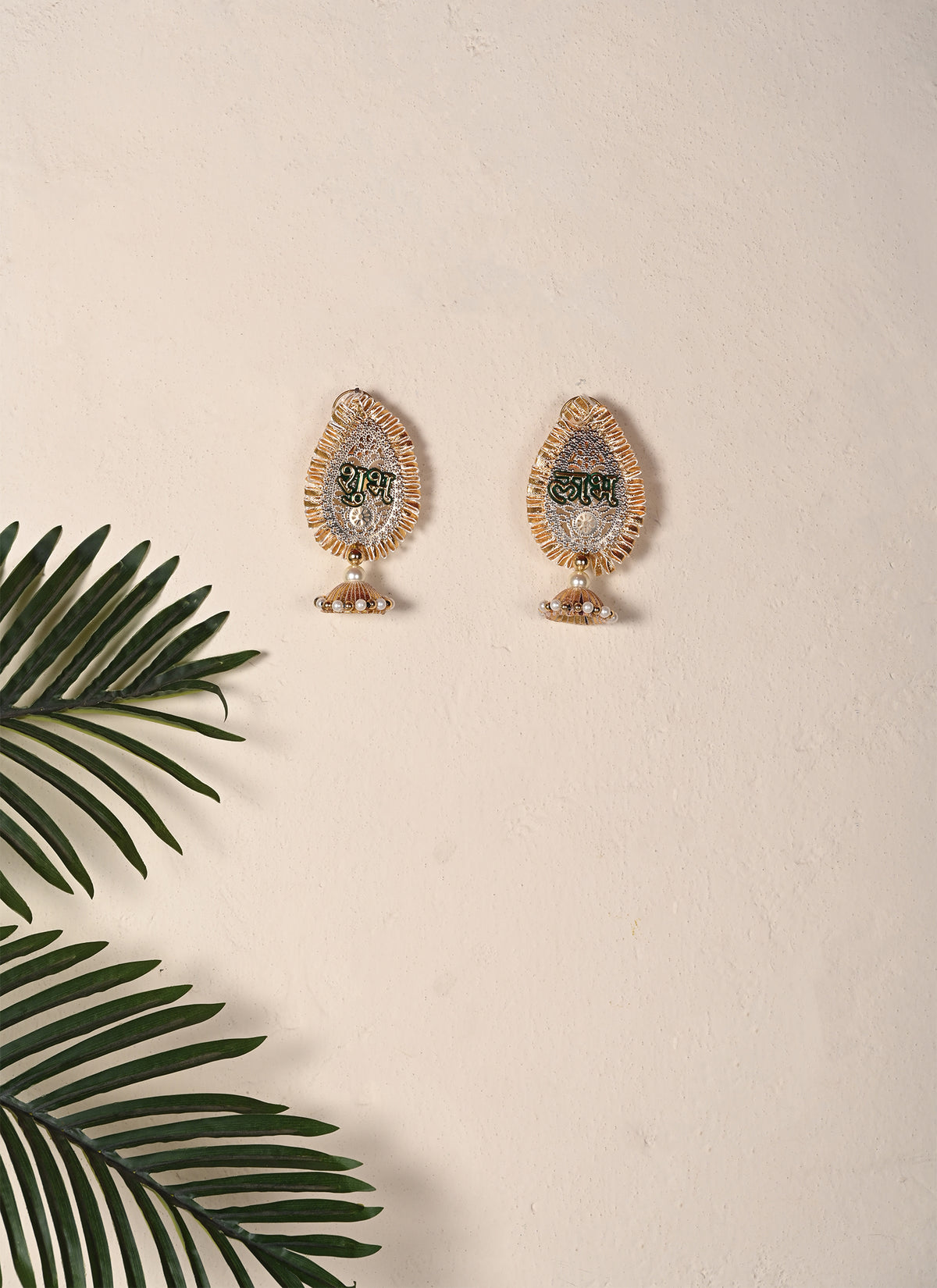 Madhoor Crystal Leaf Shubh Labh Hanging Gold-Tone Green 1 Pair