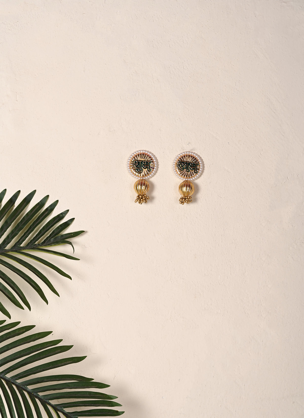 Madhoor Pearl Crystal Shubh Labh Hanging Gold-Tone Green 1 Pair