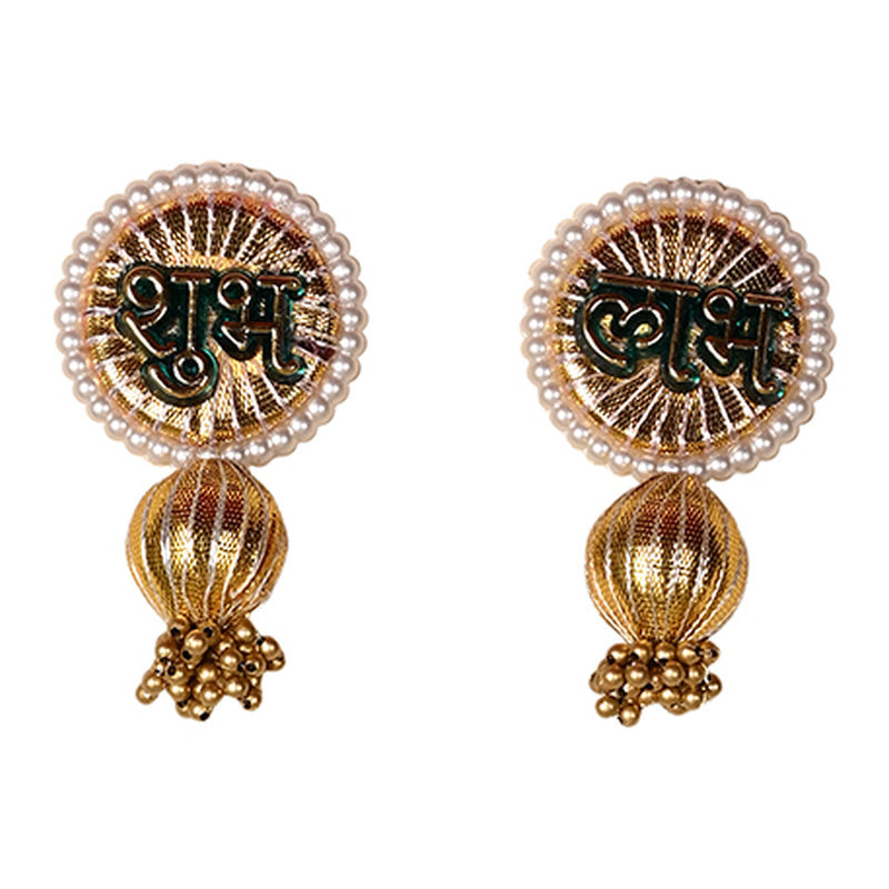 Madhoor Pearl Crystal Shubh Labh Hanging Gold-Tone Green 1 Pair