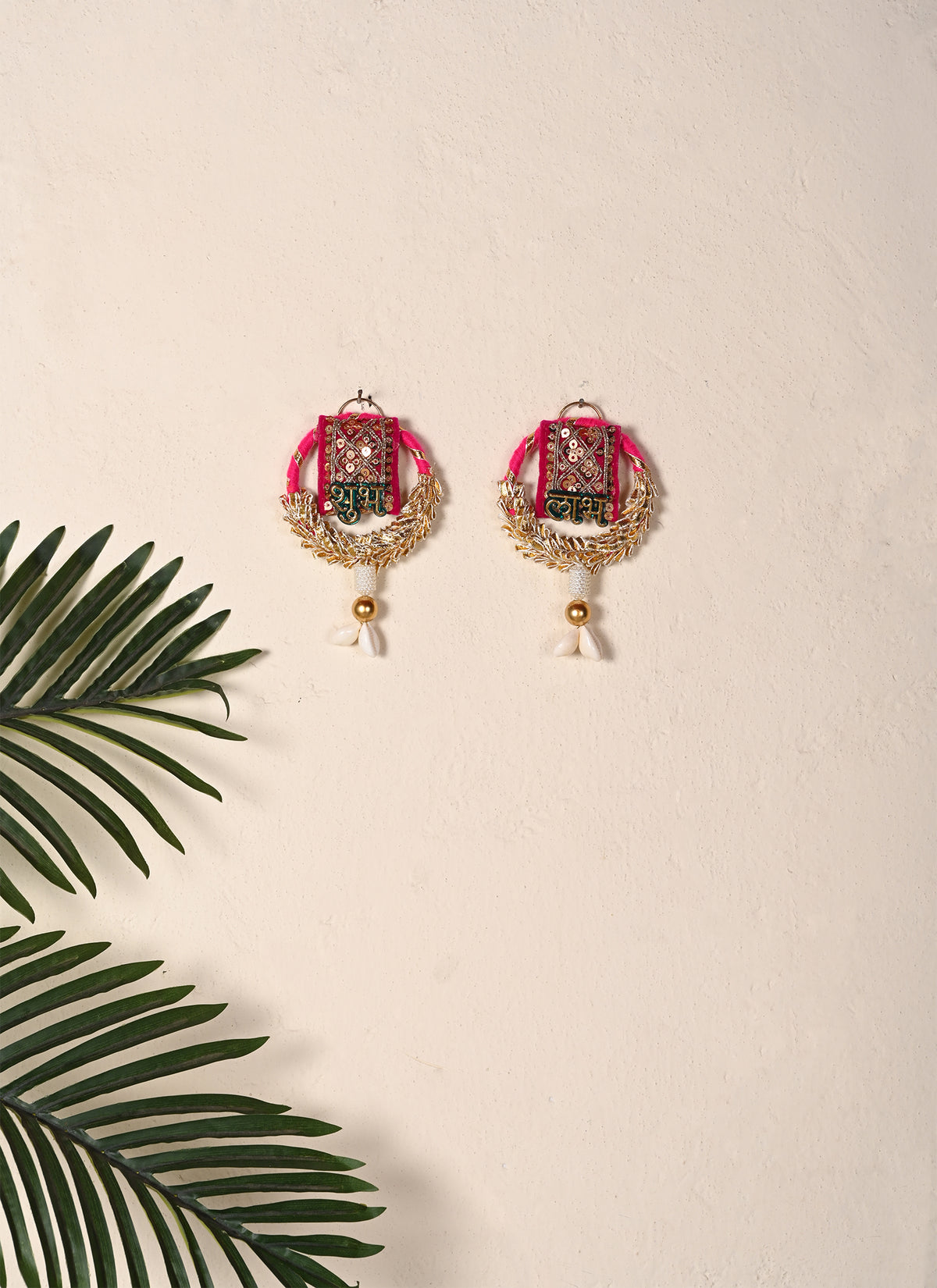 Madhoor Shell Tassel Pair Shubh Labh Hanging Gold-Tone Pink Green