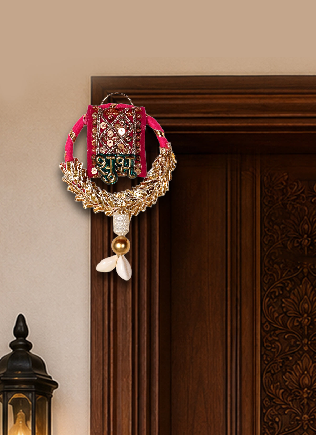 Madhoor Shell Tassel Pair Shubh Labh Hanging Gold-Tone Pink Green