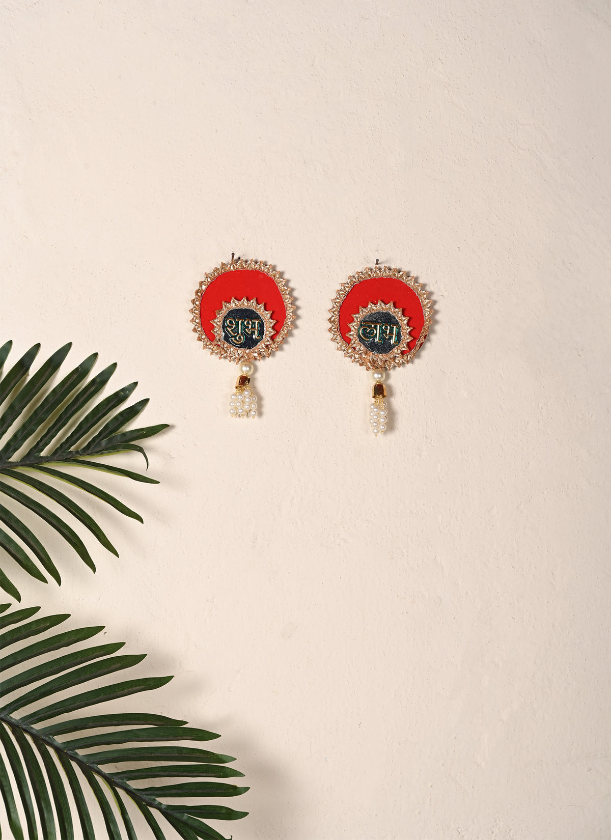 Madhoor Pearl Mirror Shubh Labh Hanging Rani Pink Green Ivory 1 Pair