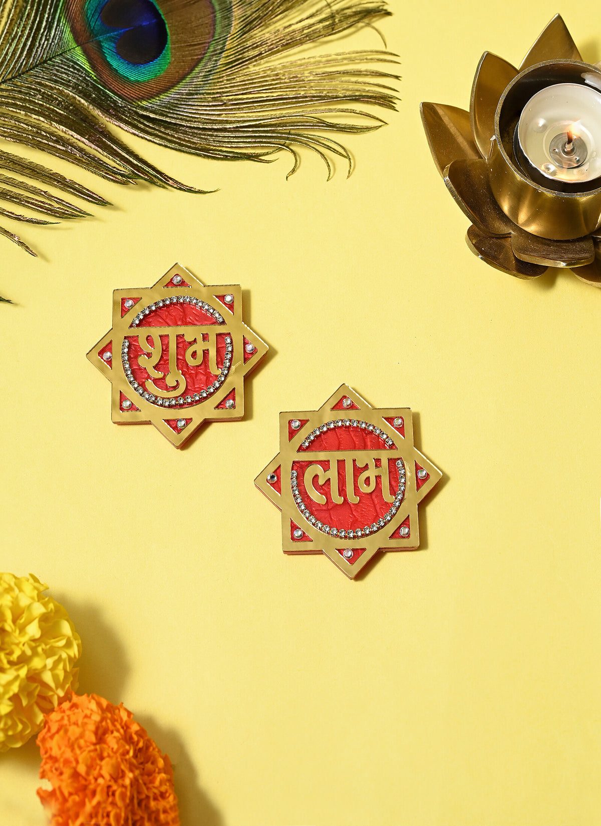 Madhoor Octagram Shubh Labh Sticker Gold-Tone Red 1 Pair