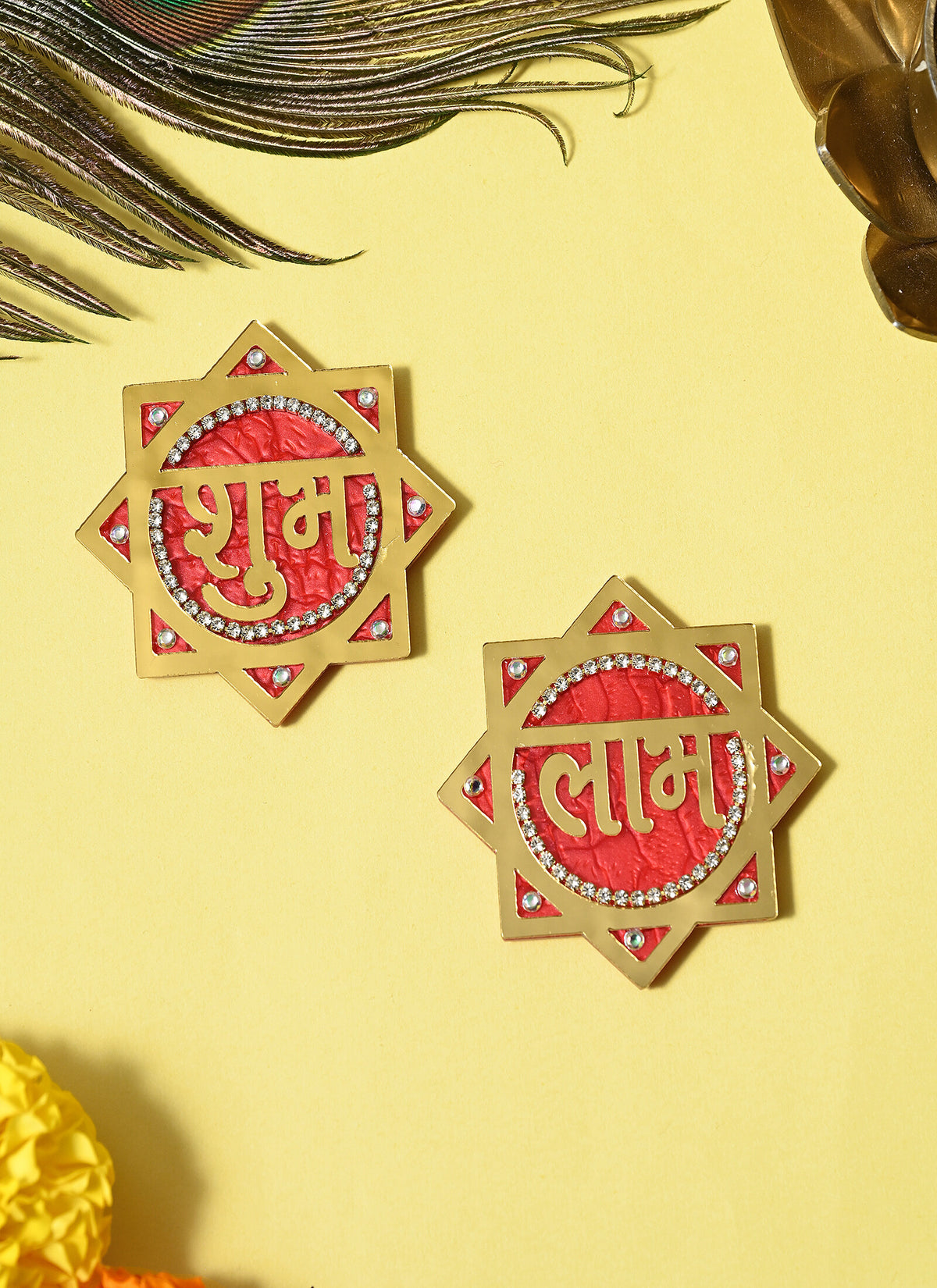 Madhoor Octagram Shubh Labh Sticker Gold-Tone Red 1 Pair