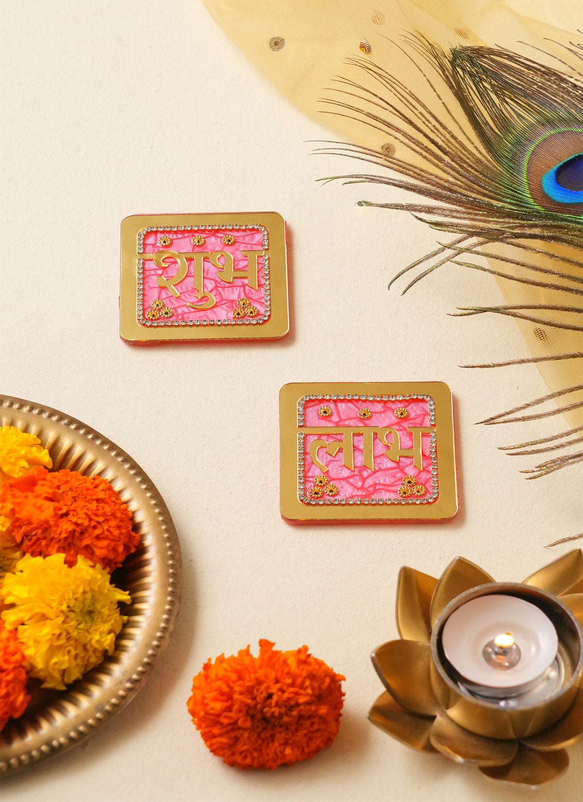 Madhoor Shubh Labh Sticker Pink Gold-Tone 3 Inches Set of 2