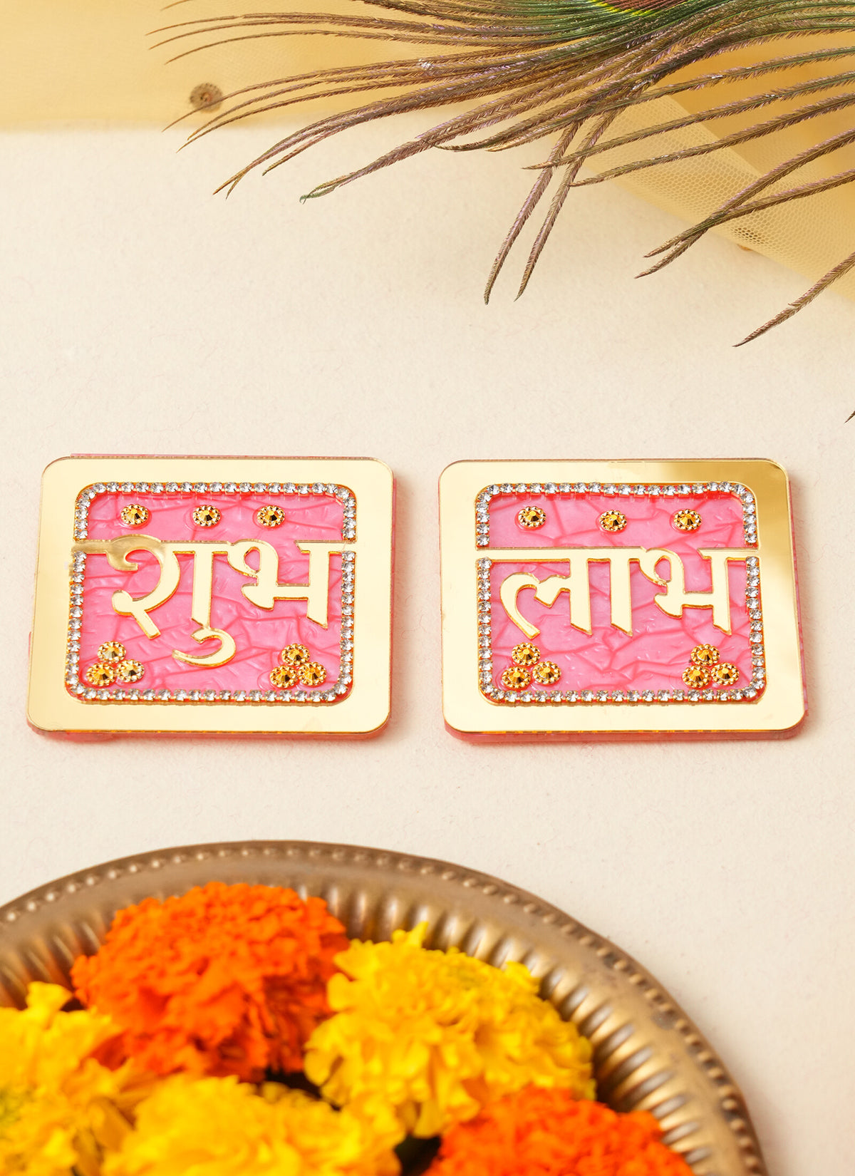 Madhoor Shubh Labh Sticker Pink Gold-Tone 3 Inches Set of 2