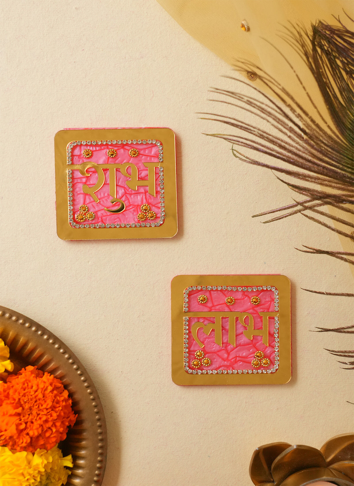 Madhoor Shubh Labh Sticker Pink Gold-Tone 3 Inches Set of 2
