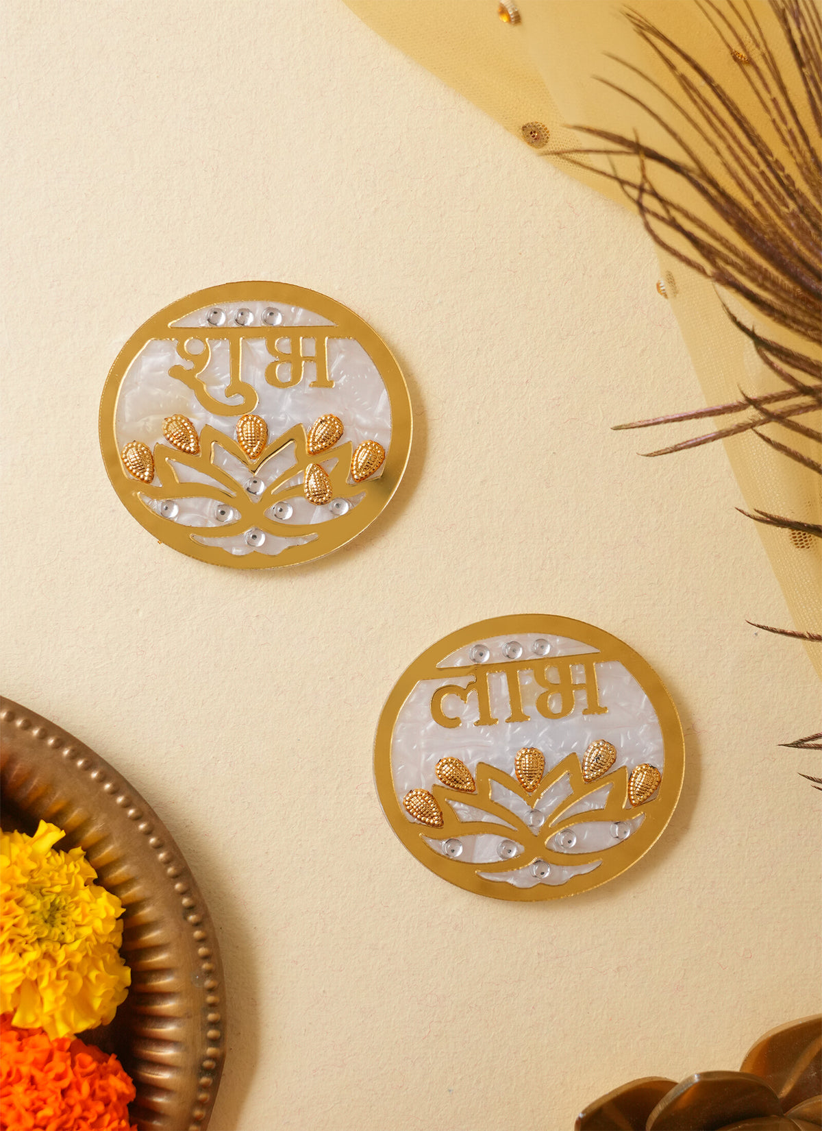 Madhoor Shubh Labh Sticker White Gold-Tone 3 Inches Set of 2