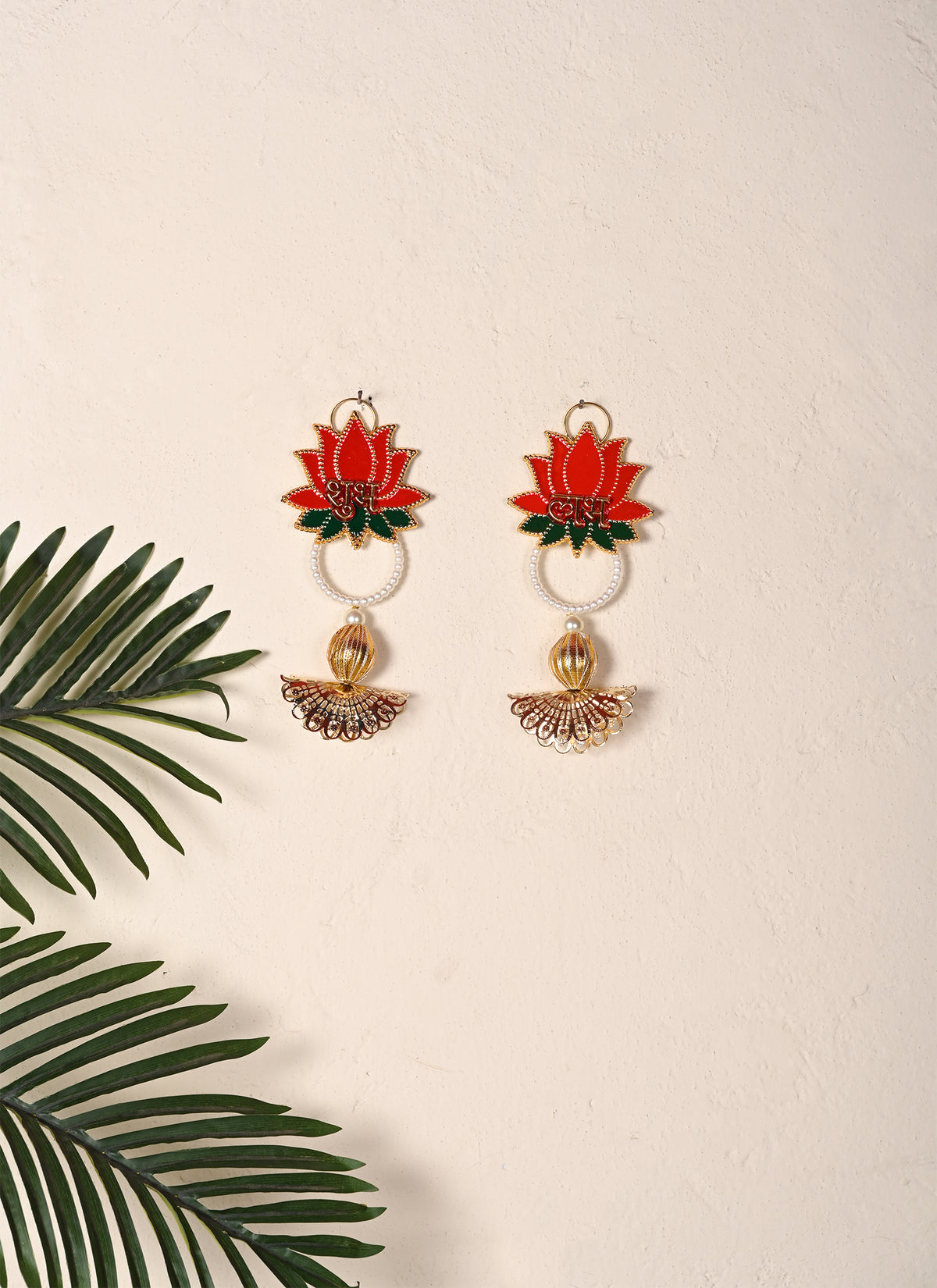 Madhoor Pearl Lotus Shubh Labh Hanging Gold-Tone Red Green 1 Pair