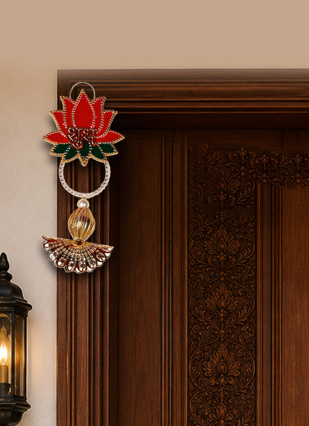 Madhoor Pearl Lotus Shubh Labh Hanging Gold-Tone Red Green 1 Pair