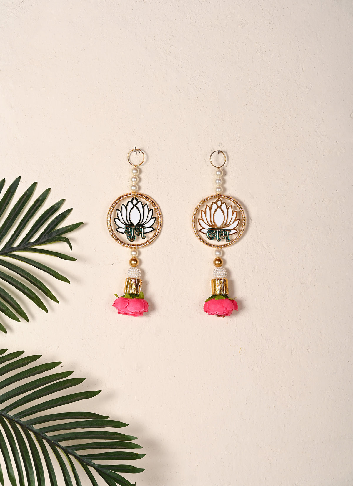 Madhoor Lotus -Tone Shubh Labh Hanging Rose Gold Pink White 1 Pair