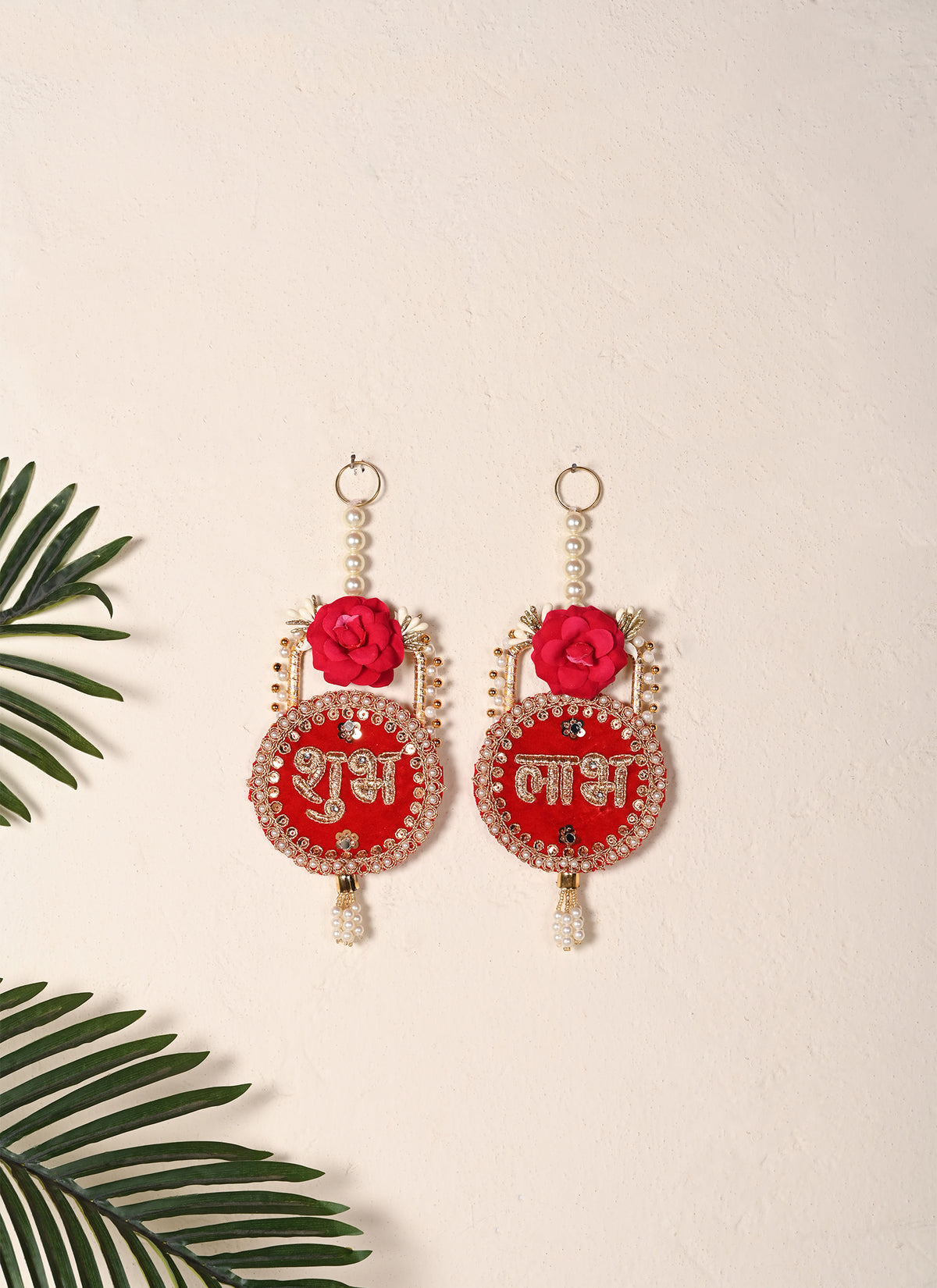 Madhoor Crystal Shubh Labh Hanging Rose Gold-Tone Rani Pink 1 Pair