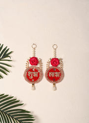 Madhoor Crystal Shubh Labh Hanging Rose Gold-Tone Rani Pink 1 Pair