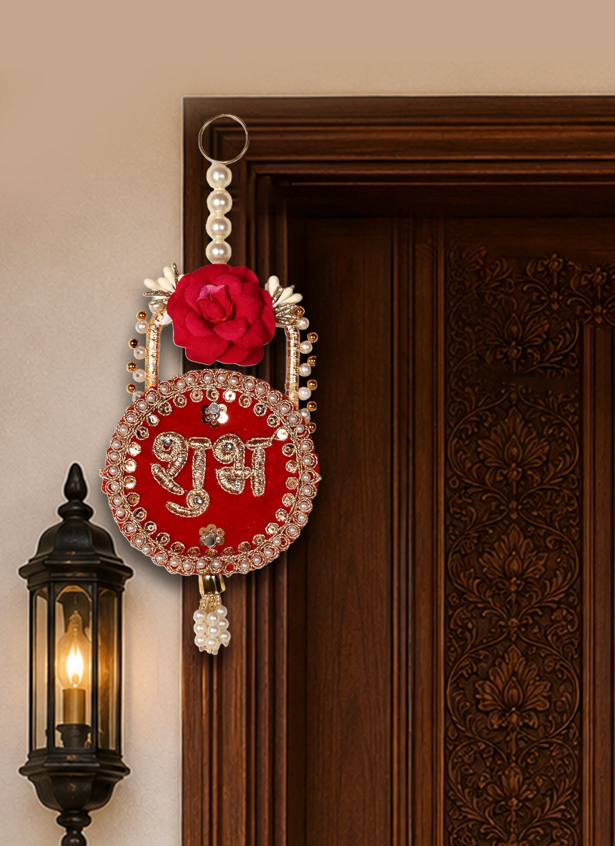 Madhoor Crystal Shubh Labh Hanging Rose Gold-Tone Rani Pink 1 Pair