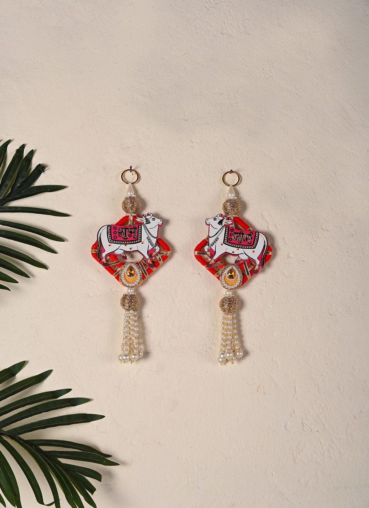 Madhoor Pearl Cow Shubh Labh Hanging Gold-Tone Red White 1 Pair