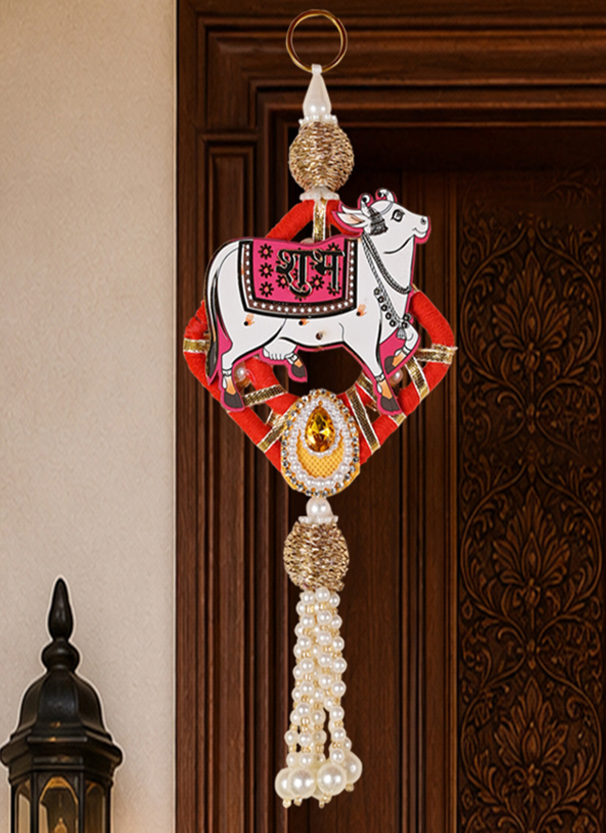Madhoor Pearl Cow Shubh Labh Hanging Gold-Tone Red White 1 Pair