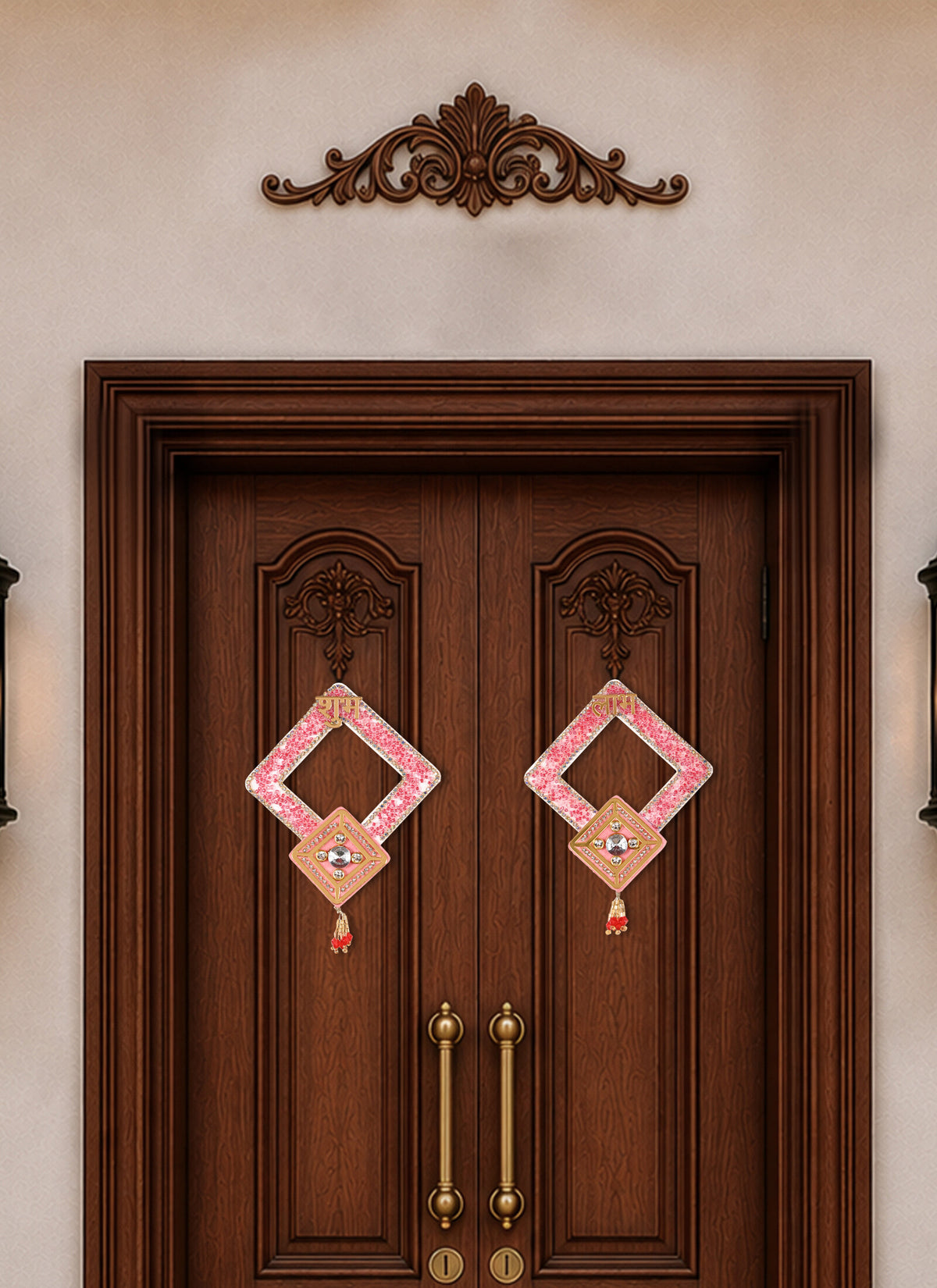 Madhoor Crystal Shubh Labh Sticker Pink Gold-Tone Set of 2