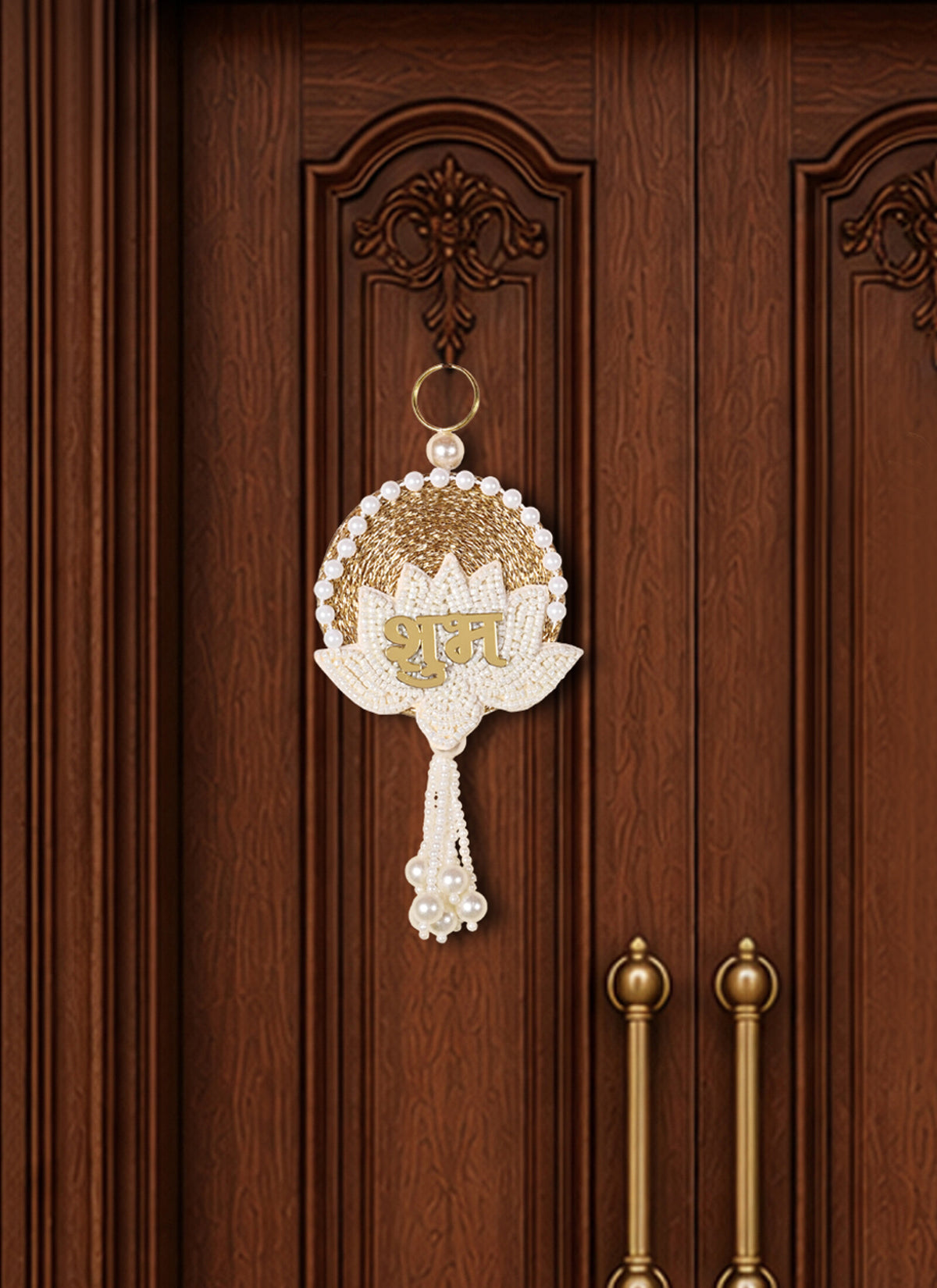 Madhoor Lotus Shubh Labh Hanging Gold-Tone White Set of 2