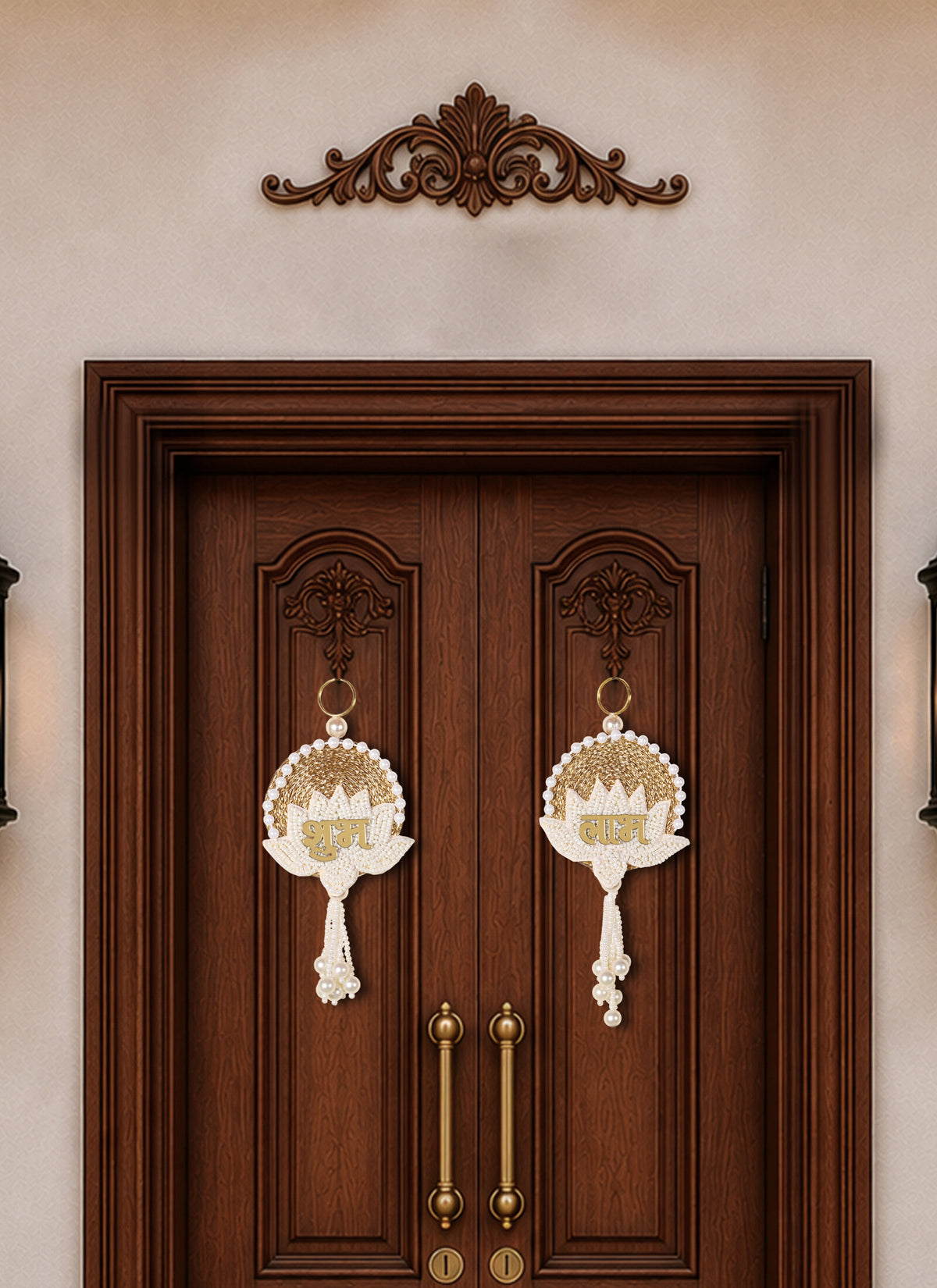Madhoor Lotus Shubh Labh Hanging Gold-Tone White Set of 2