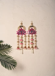 Madhoor Pearl Lotus Shubh Labh Hanging Gold-Tone Pink 1 Pair