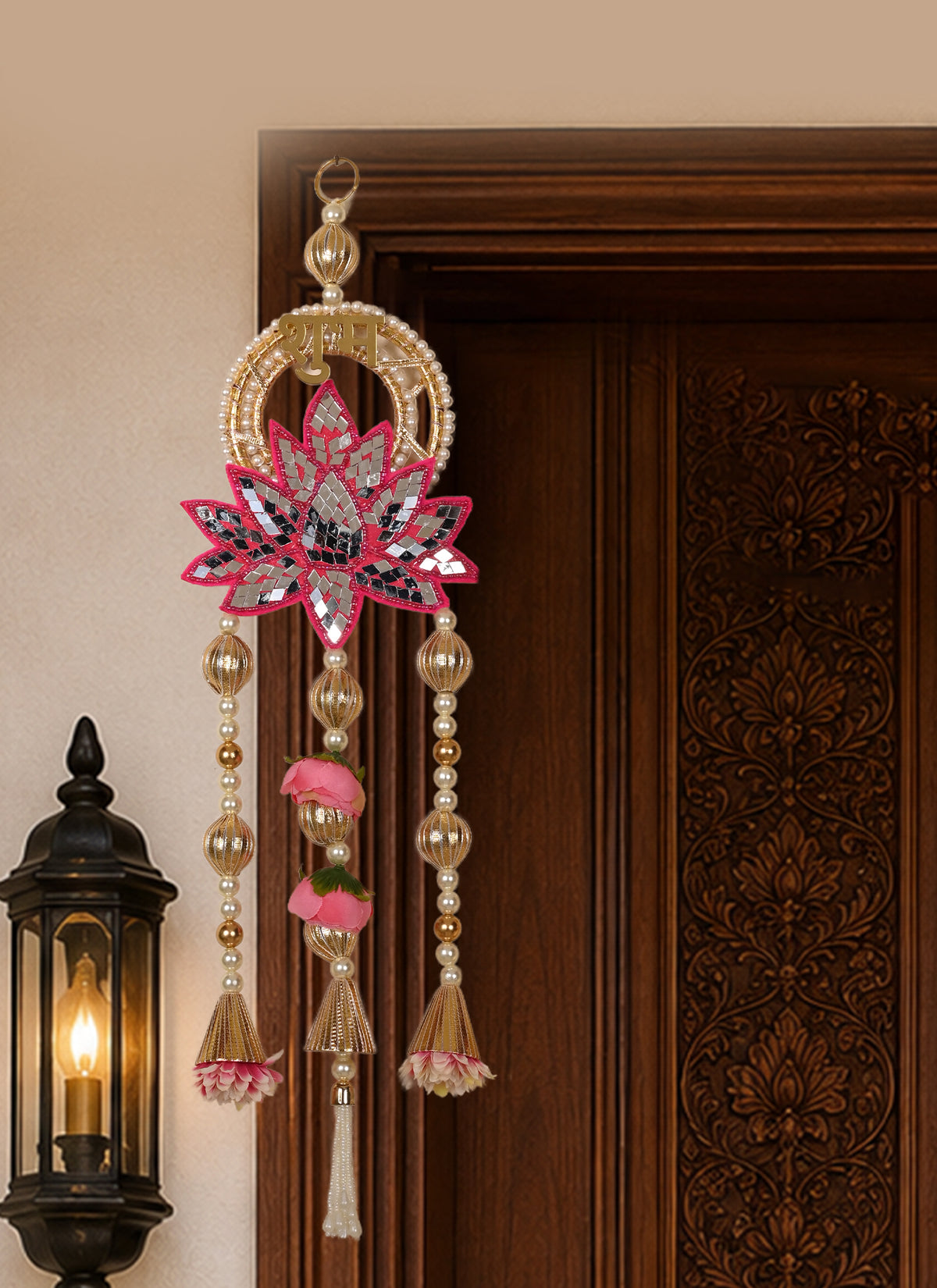 Madhoor Pearl Lotus Shubh Labh Hanging Gold-Tone Pink 1 Pair