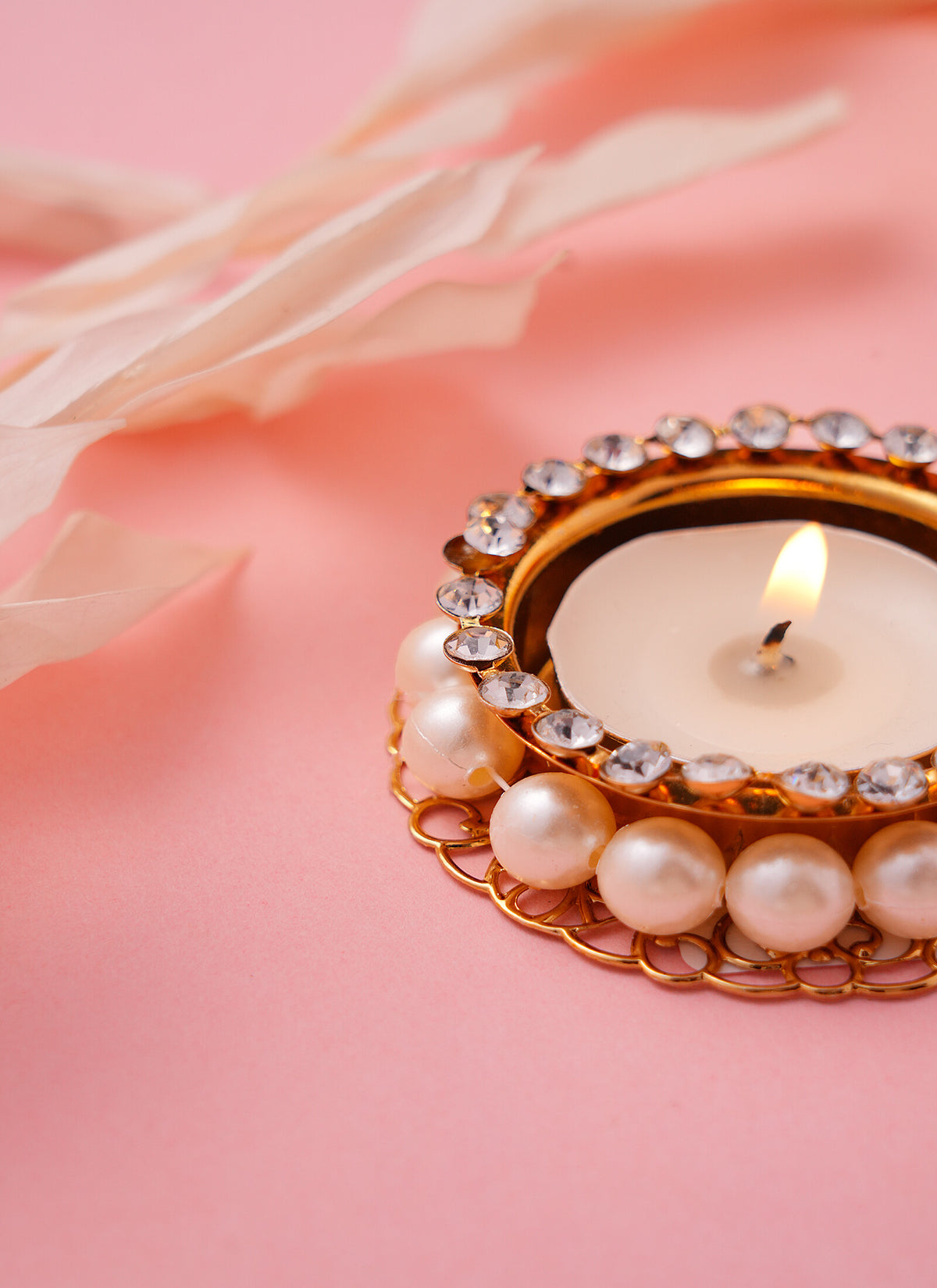 Madhoor Pearl Crystal Tealight Holder Gold-Tone White 3 Inches