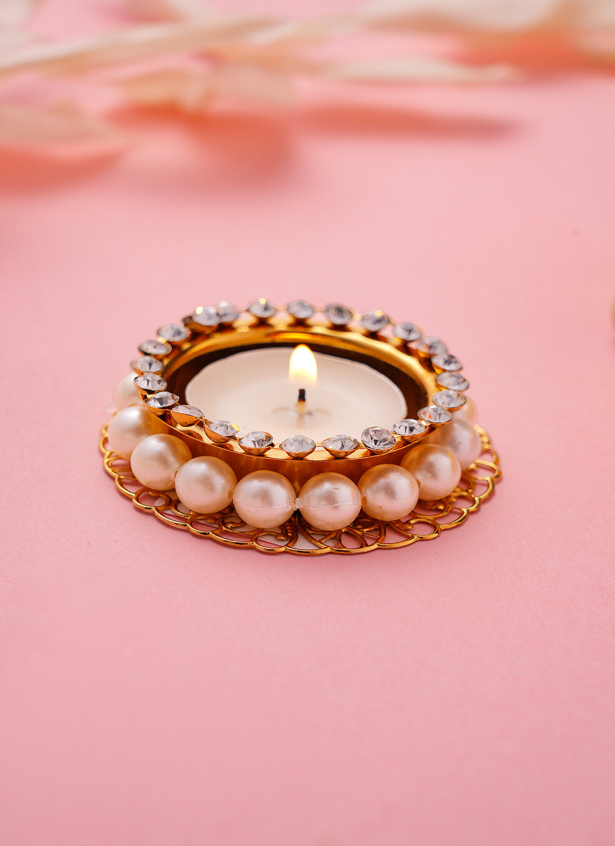 Madhoor Pearl Crystal Tealight Holder Gold-Tone White 3 Inches