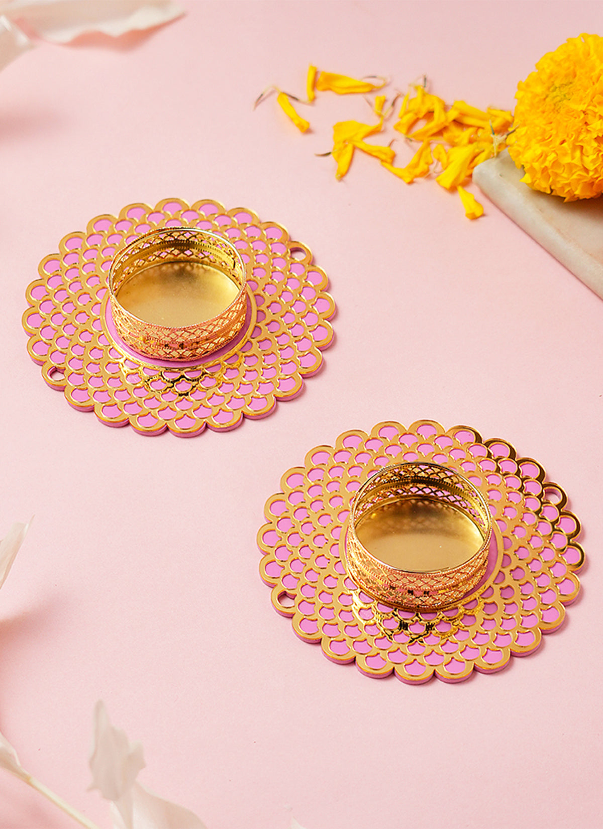 Madhoor Mandala Tealight Holder Pink Gold-Tone 4 Inches Set of 2