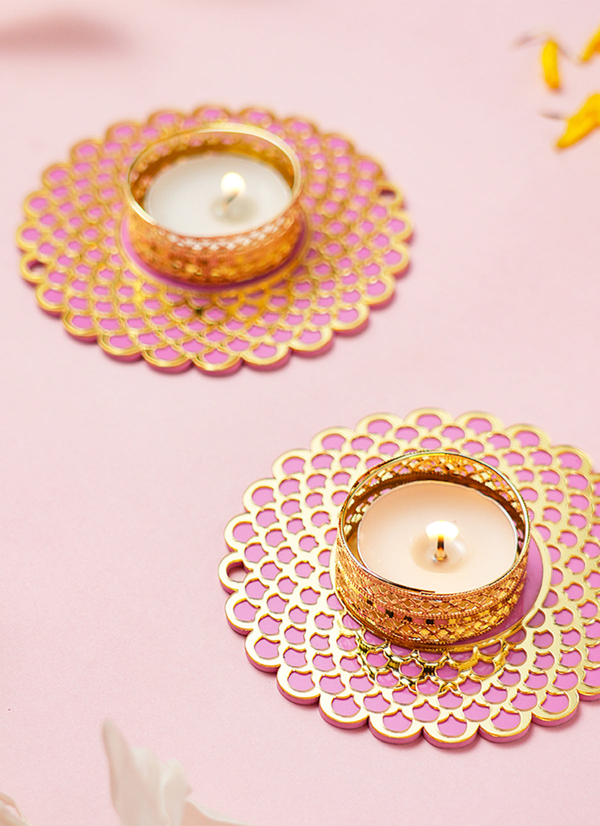 Madhoor Mandala Tealight Holder Pink Gold-Tone 4 Inches Set of 2