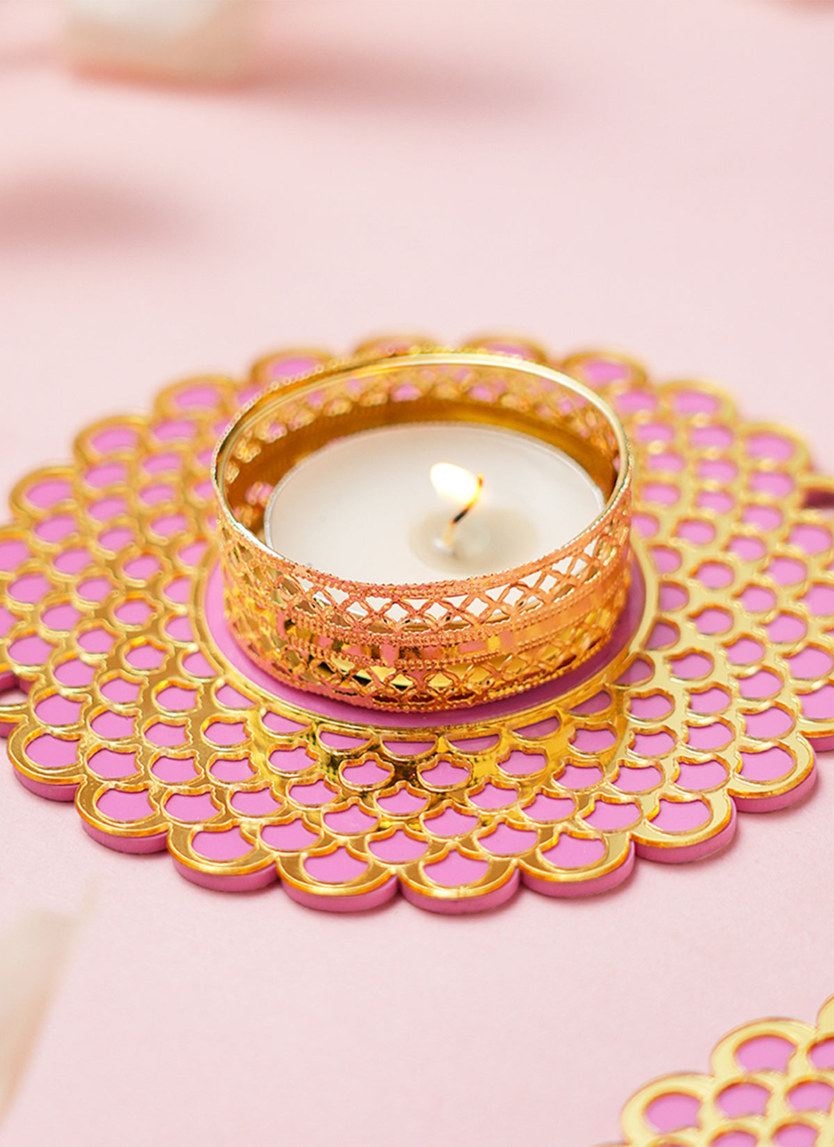 Madhoor Mandala Tealight Holder Pink Gold-Tone 4 Inches Set of 2