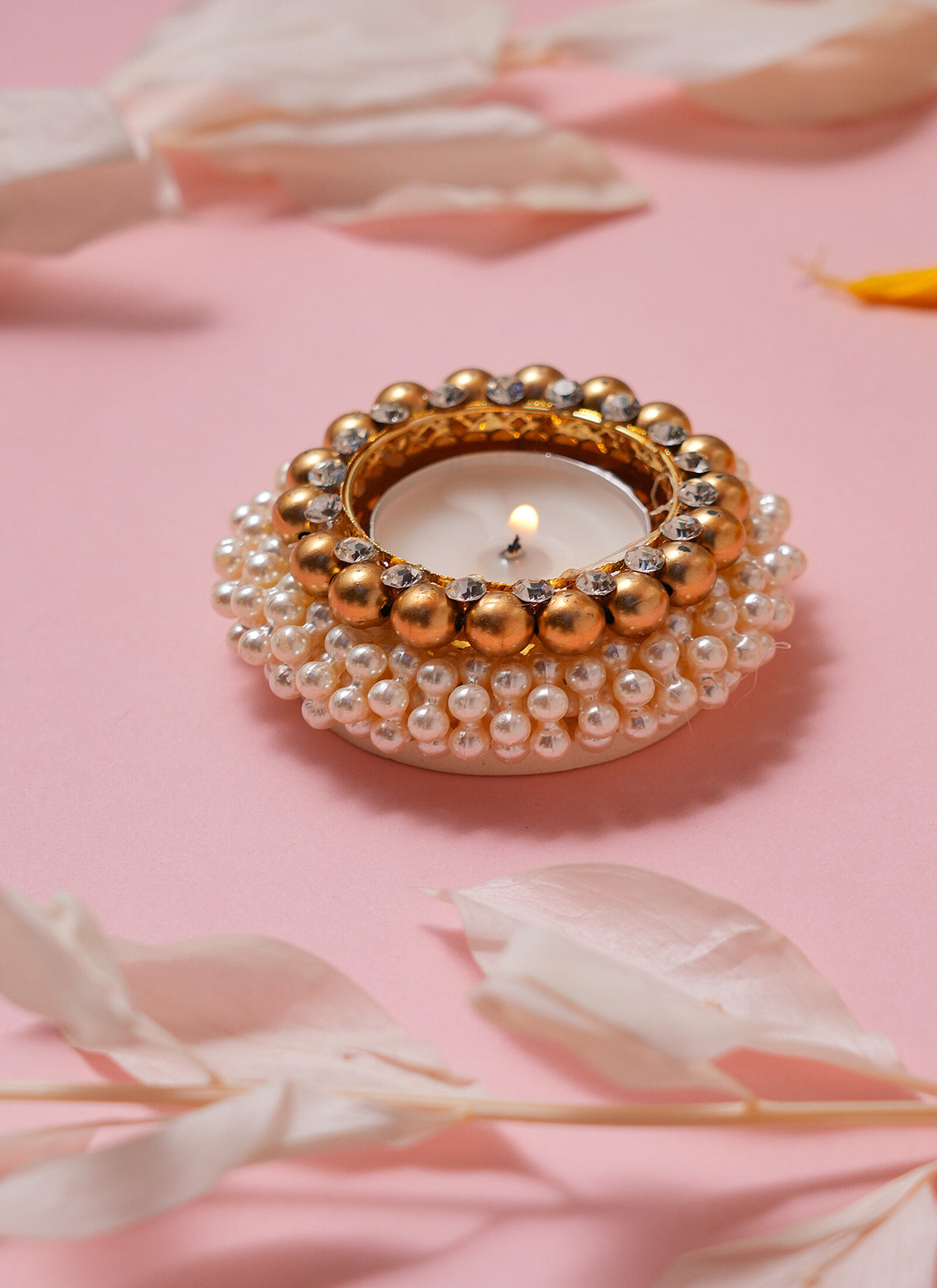 Madhoor Pearl Tealight Holder Gold-Tone White 3 Inches