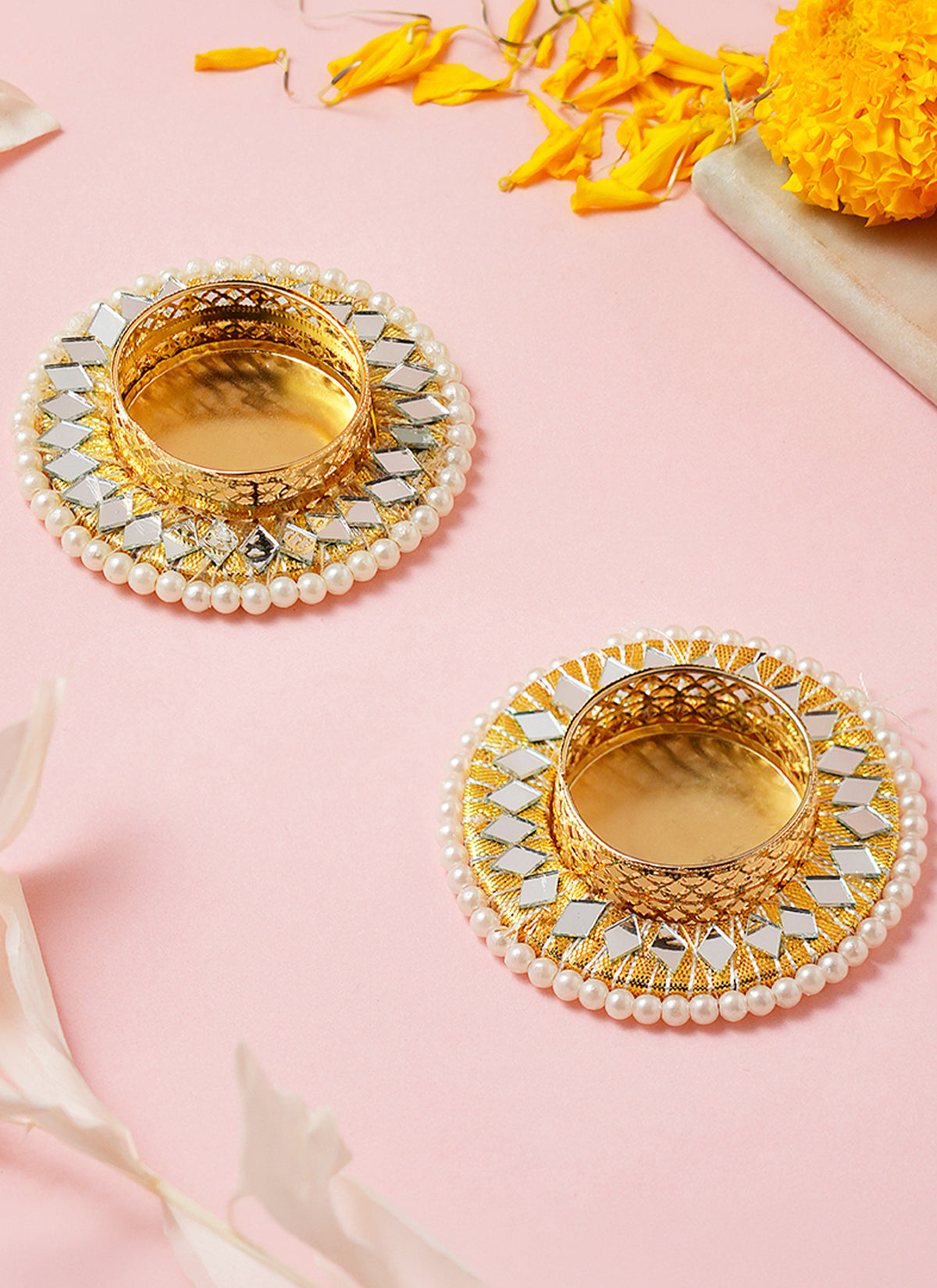 Madhoor Pearl Mirror Tealight Holder Gold-Tone Set of 2