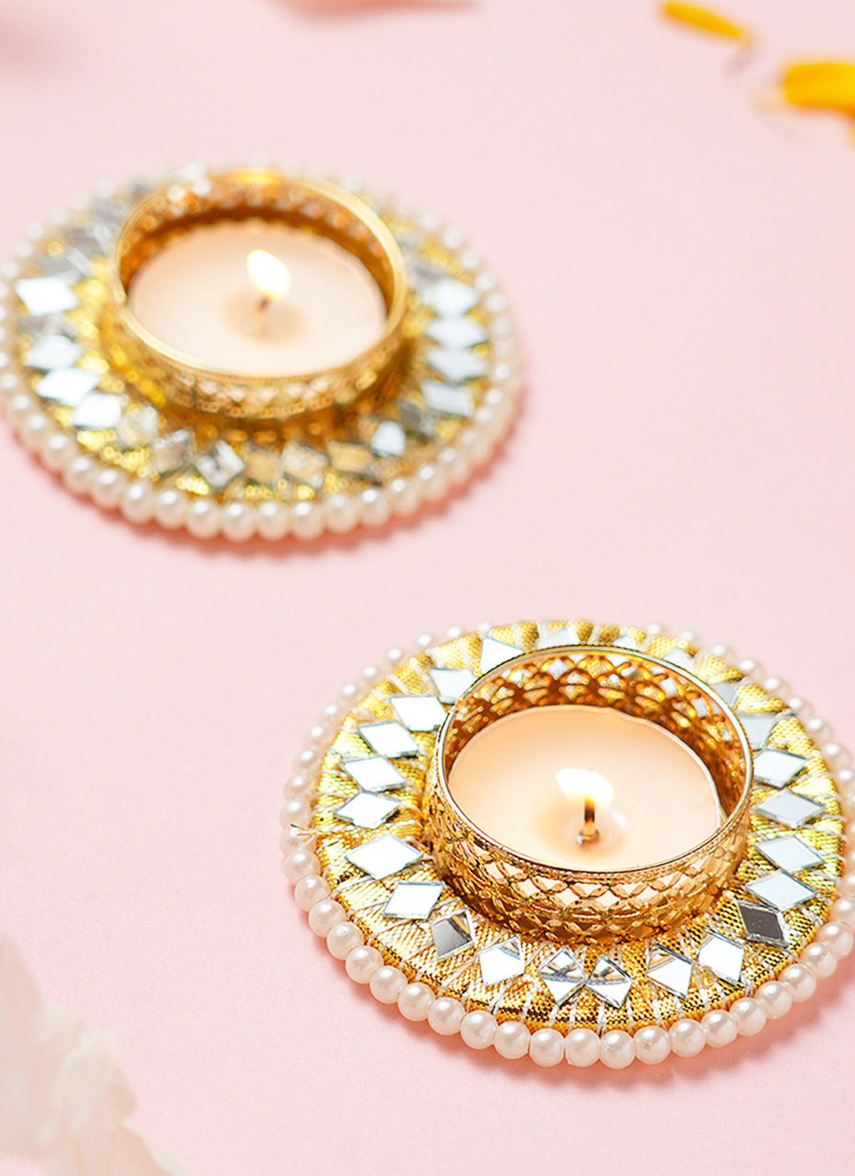 Madhoor Pearl Mirror Tealight Holder Gold-Tone Set of 2