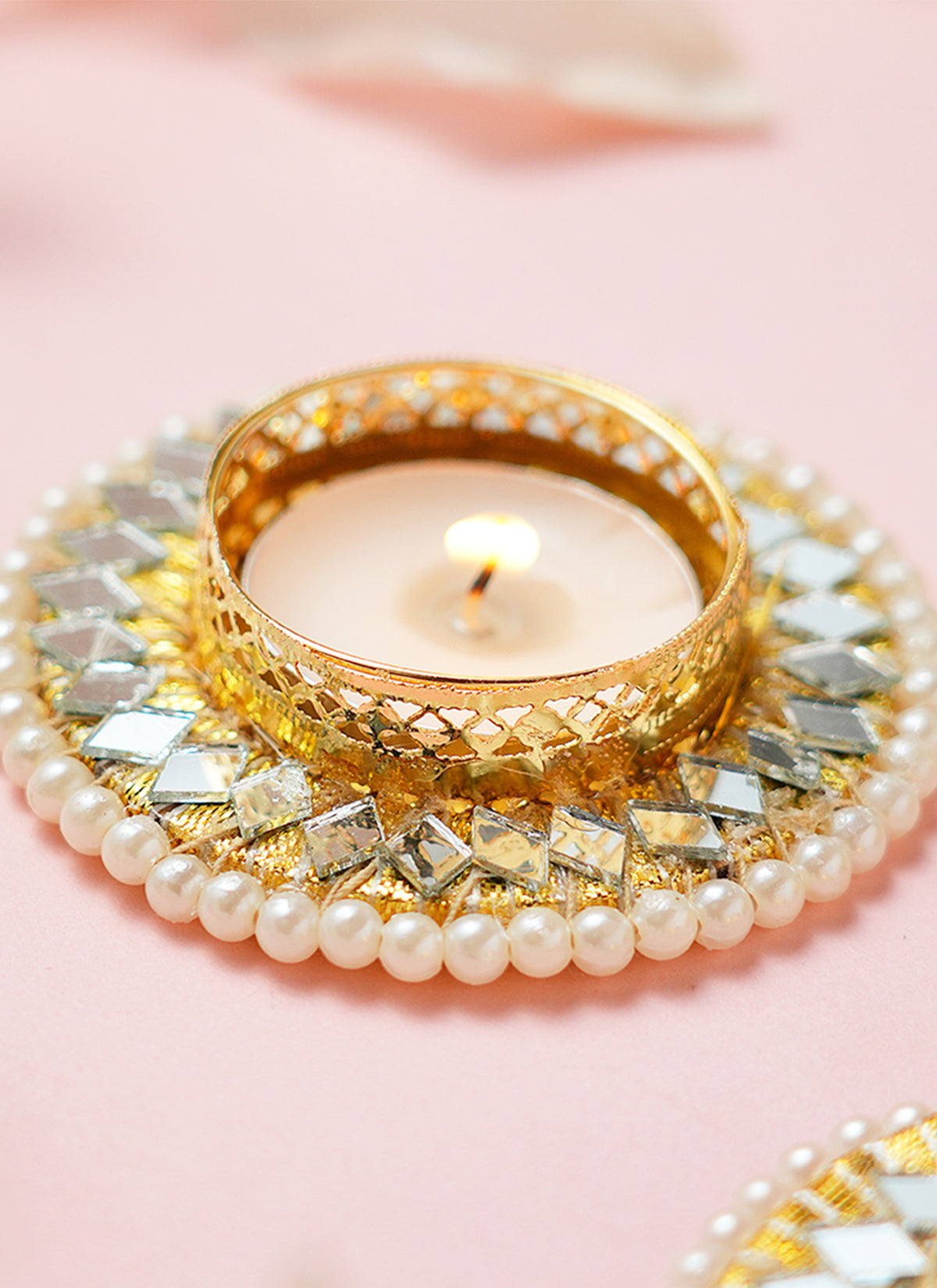 Madhoor Pearl Mirror Tealight Holder Gold-Tone Set of 2