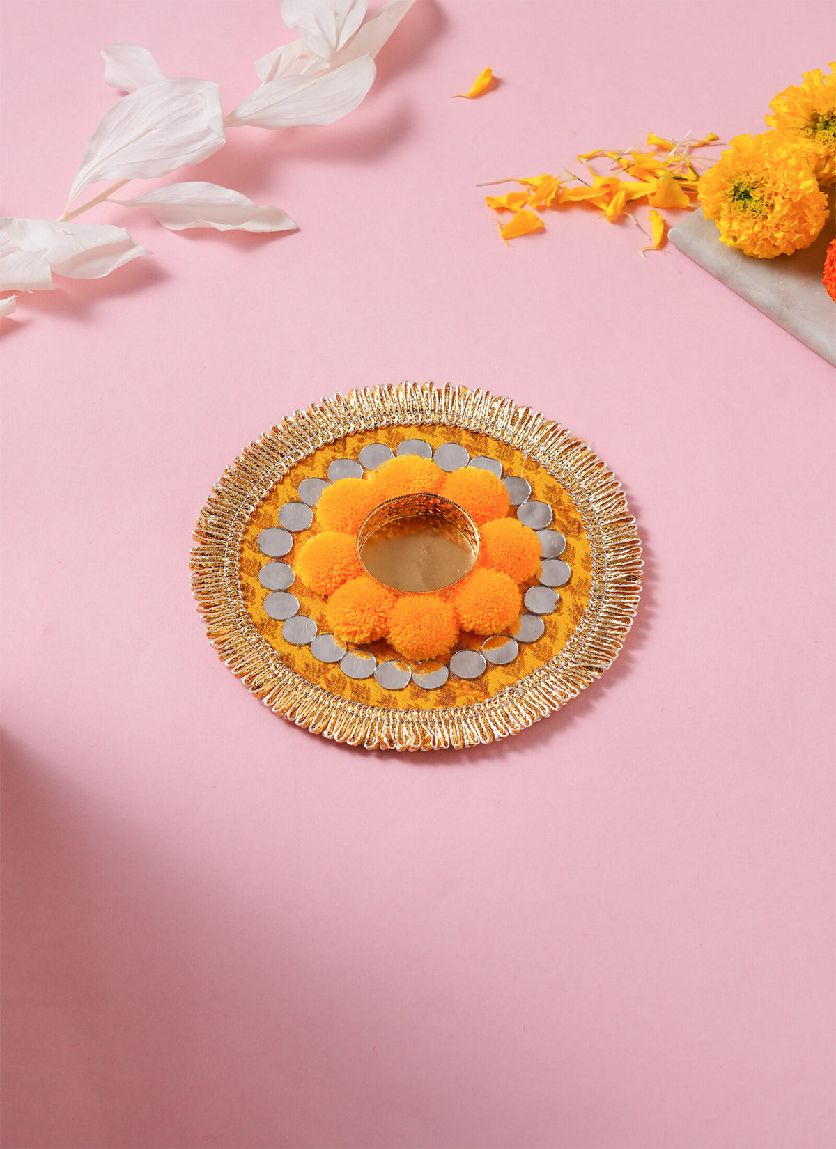 Madhoor Marigold Mirror Work Tealight Holder Yellow 6 Inches 1 Piece