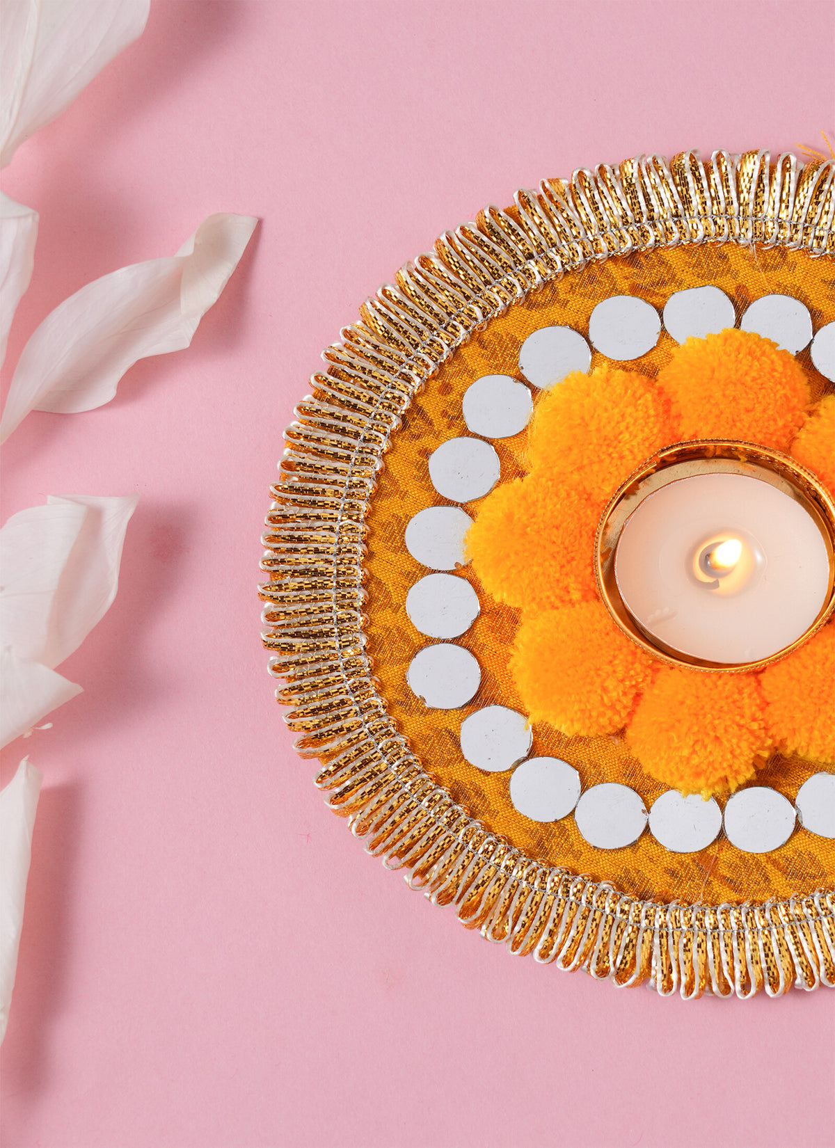 Madhoor Marigold Mirror Work Tealight Holder Yellow 6 Inches 1 Piece