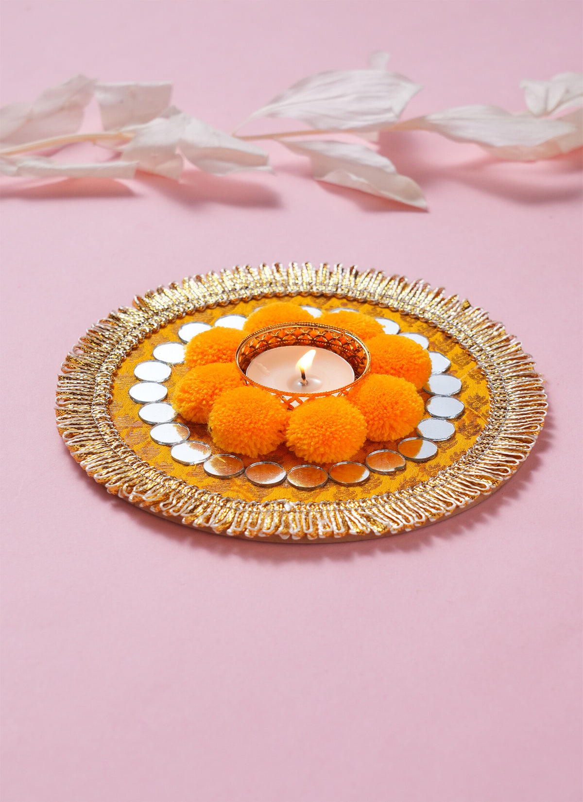 Madhoor Marigold Mirror Work Tealight Holder Yellow 6 Inches 1 Piece
