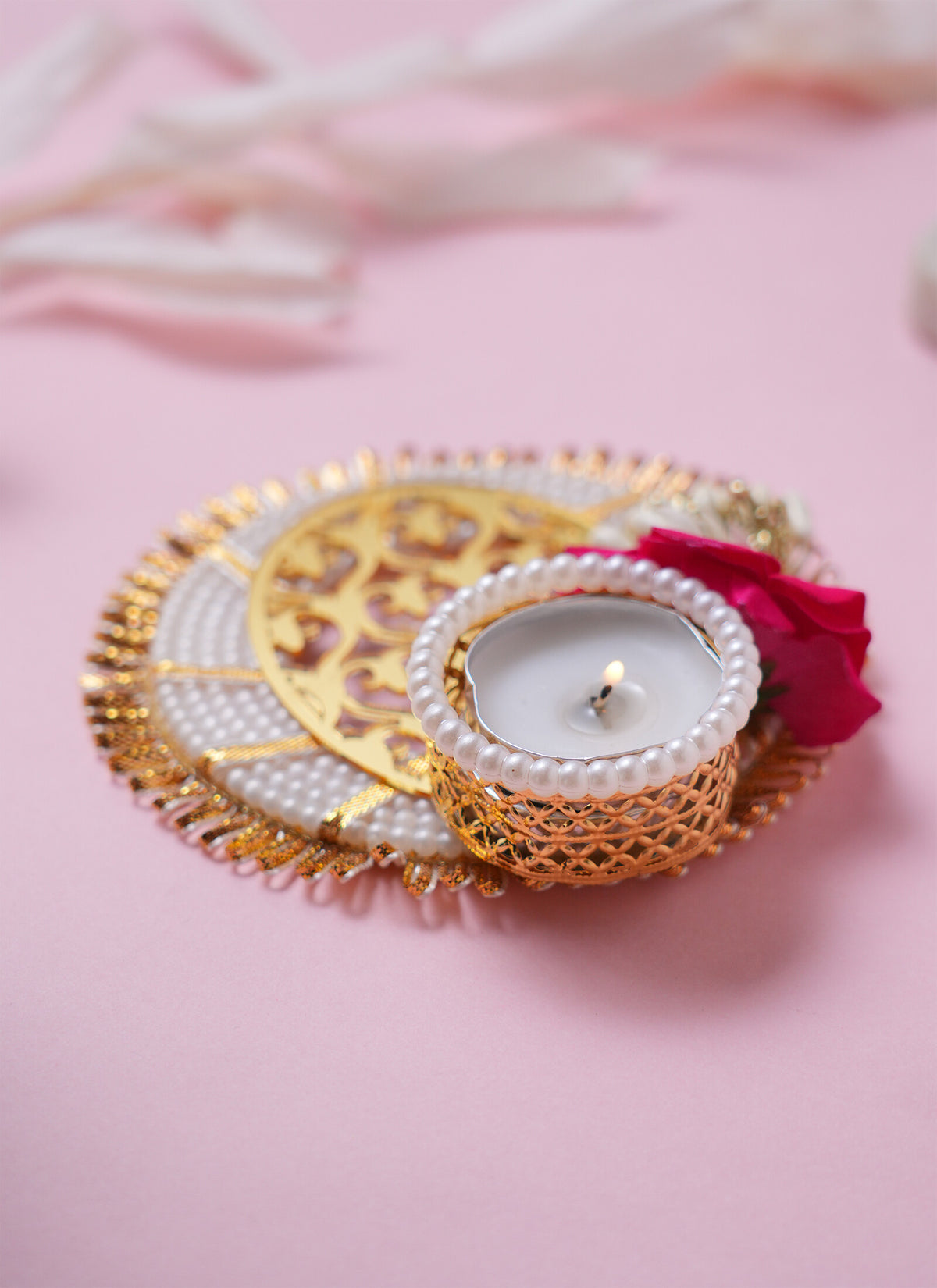 Madhoor Pearl Tealight Holder Rose Gold-Tone Rani Pink White 1 Piece
