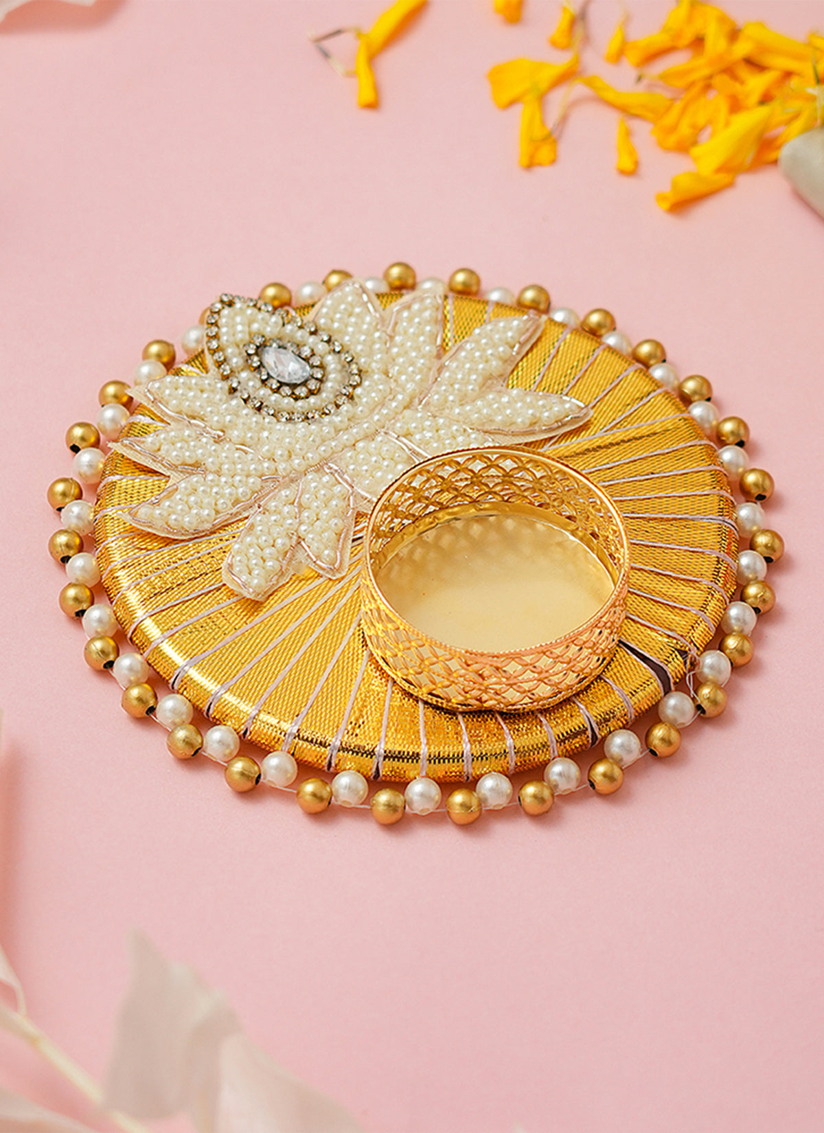 Madhoor Pearl Lotus Tealight Holder Gold-Tone White 1 Piece