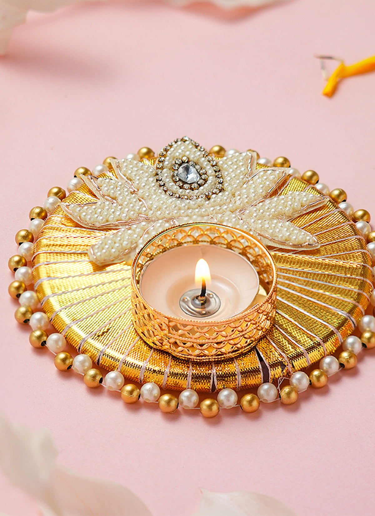 Madhoor Pearl Lotus Tealight Holder Gold-Tone White 1 Piece