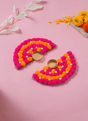 Madhoor Pompom Tealight Holder Yellow Pink 6 Inches 1 Pair