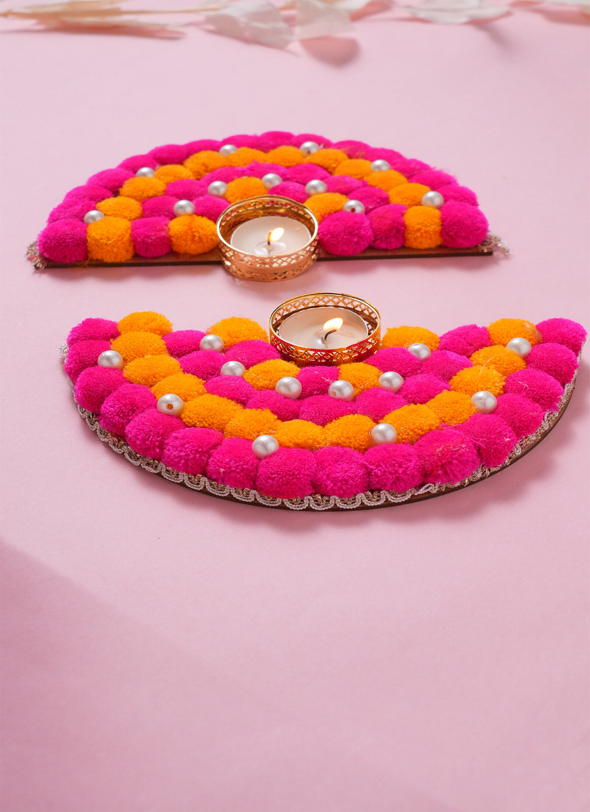 Madhoor Pompom Tealight Holder Yellow Pink 6 Inches 1 Pair