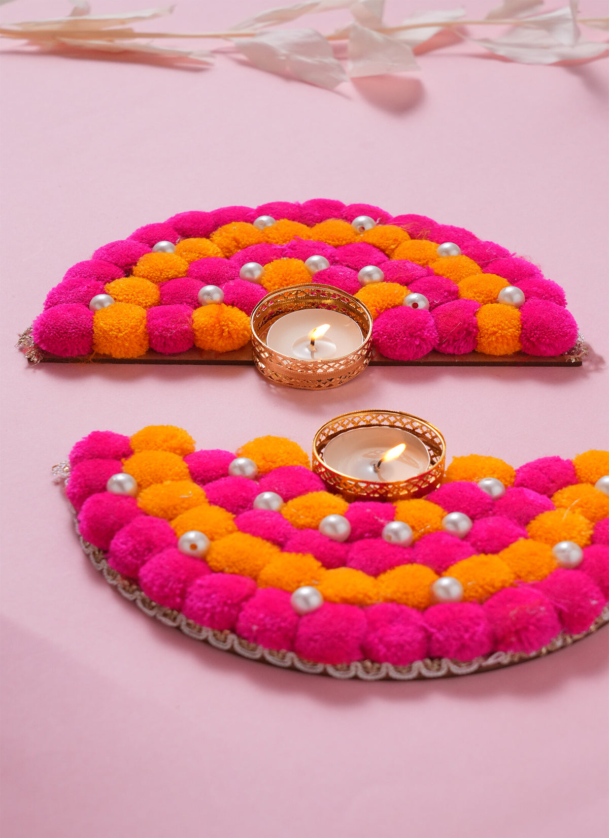Madhoor Pompom Tealight Holder Yellow Pink 6 Inches 1 Pair