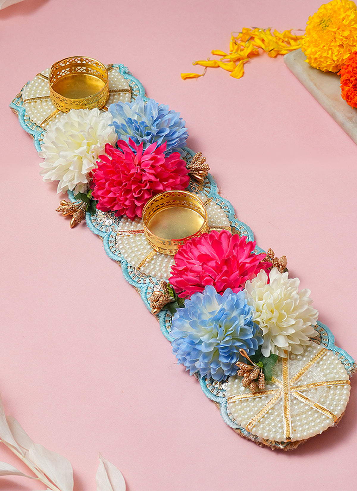 Madhoor Gota Tealight Holder Blue Rani Pink Ivory 10 x 5 Inches