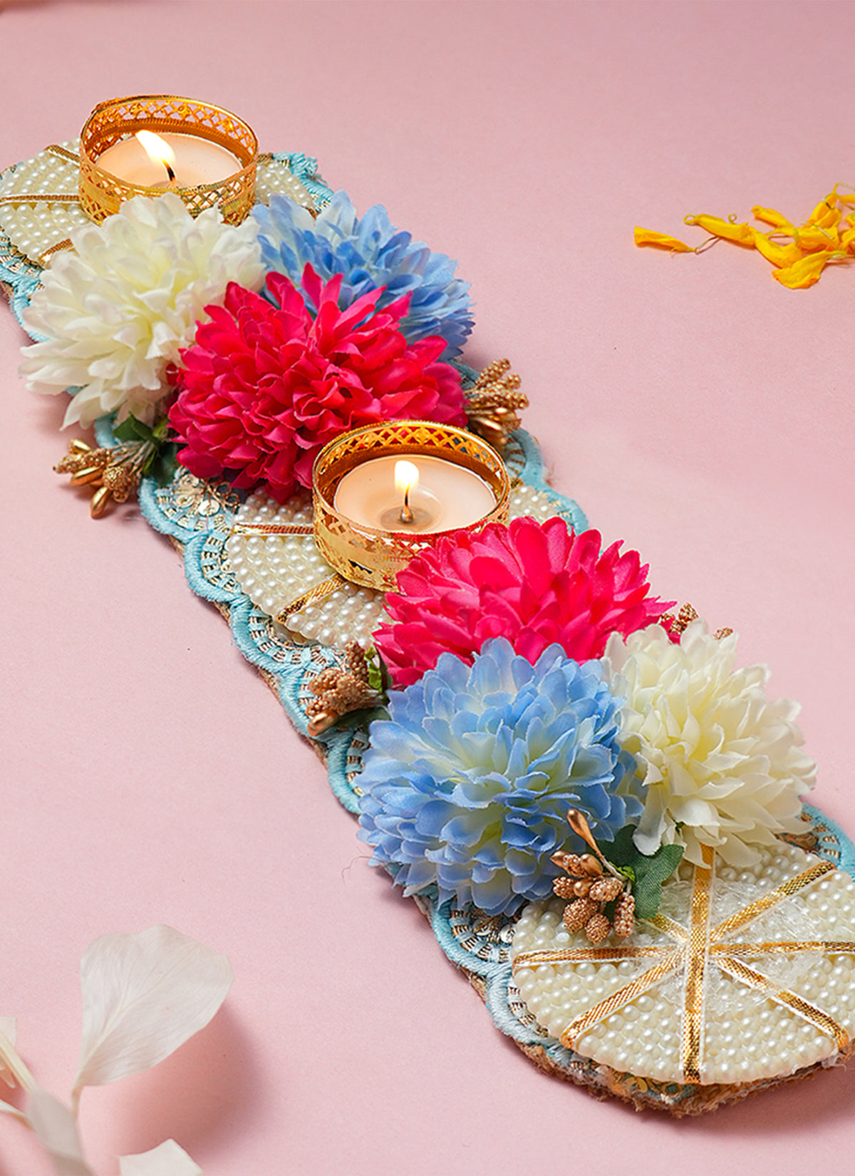 Madhoor Gota Tealight Holder Blue Rani Pink Ivory 10 x 5 Inches