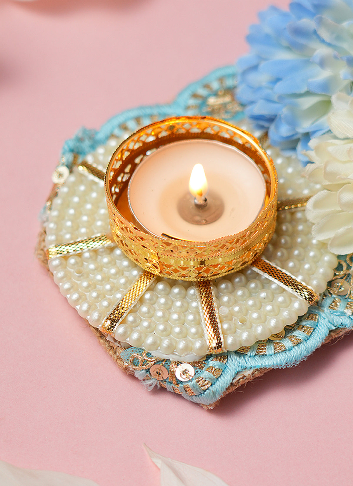 Madhoor Gota Tealight Holder Blue Rani Pink Ivory 10 x 5 Inches