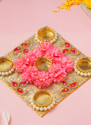 Madhoor Pearl Floral Tealight Holder Pink Gold-Tone 8 Inches