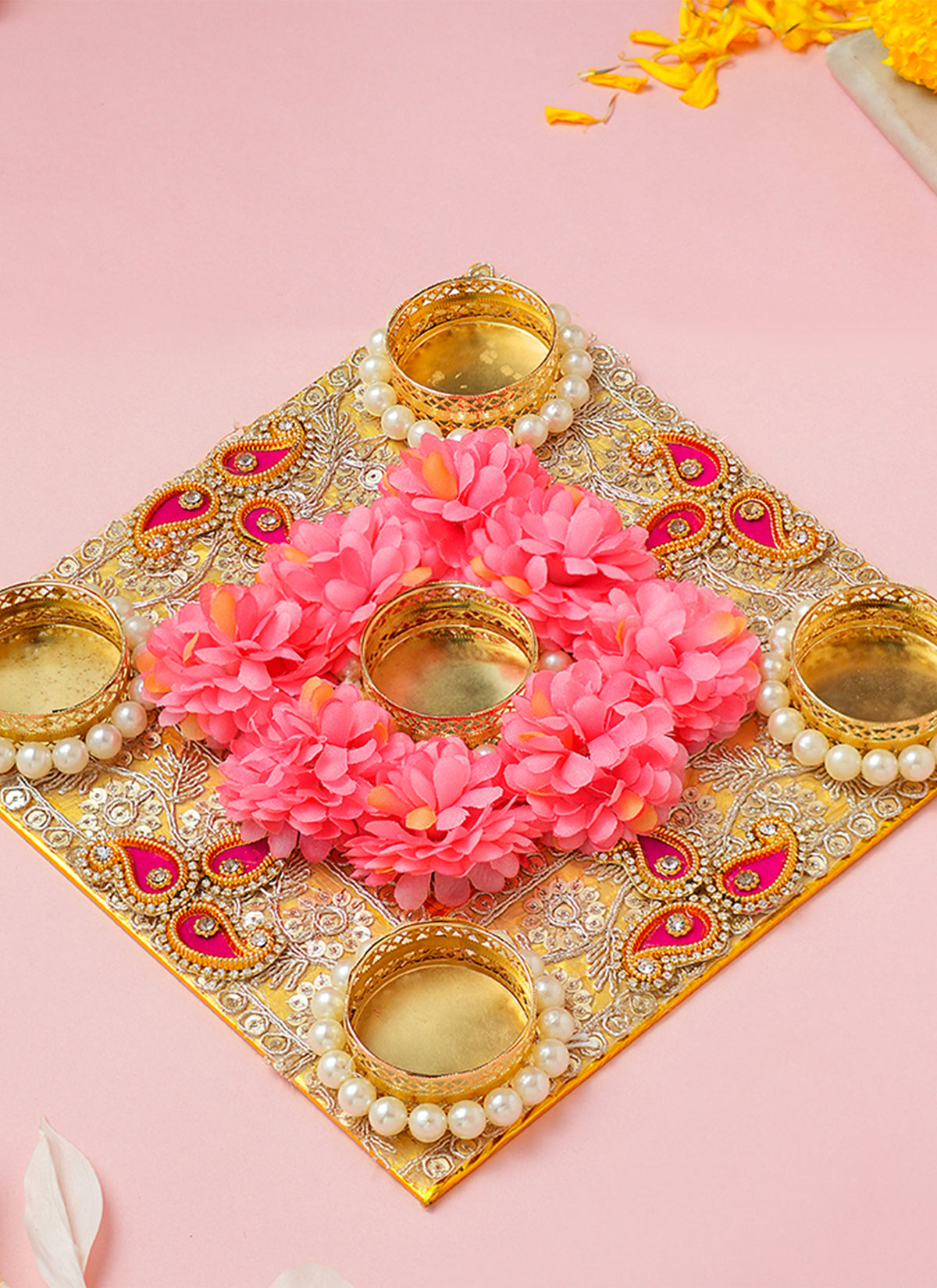 Madhoor Pearl Floral Tealight Holder Pink Gold-Tone 8 Inches
